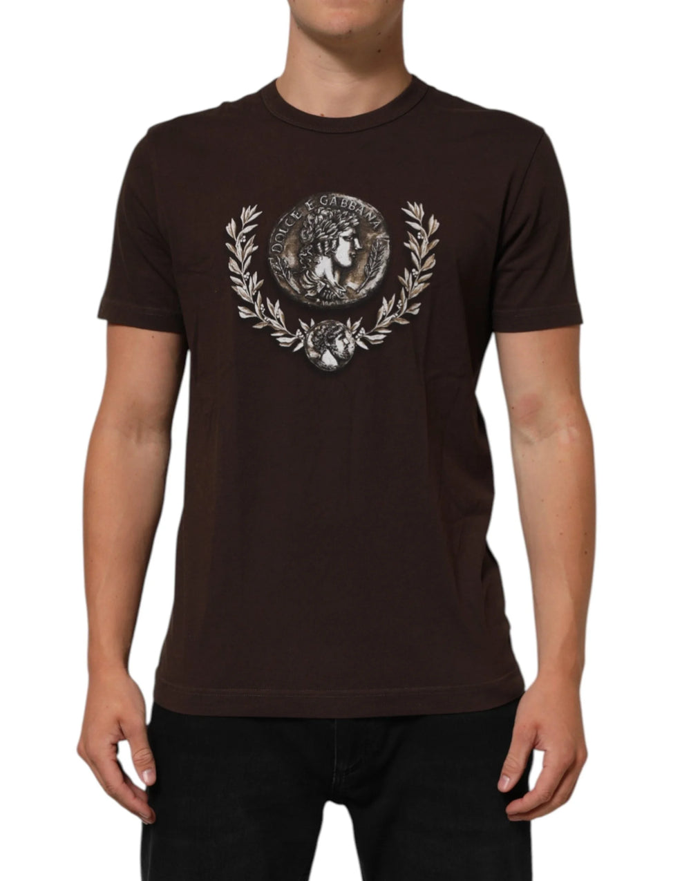 Dolce & Gabbana Brown Coin Laurel Print Men Crew Neck T-shirt - T-Shirts