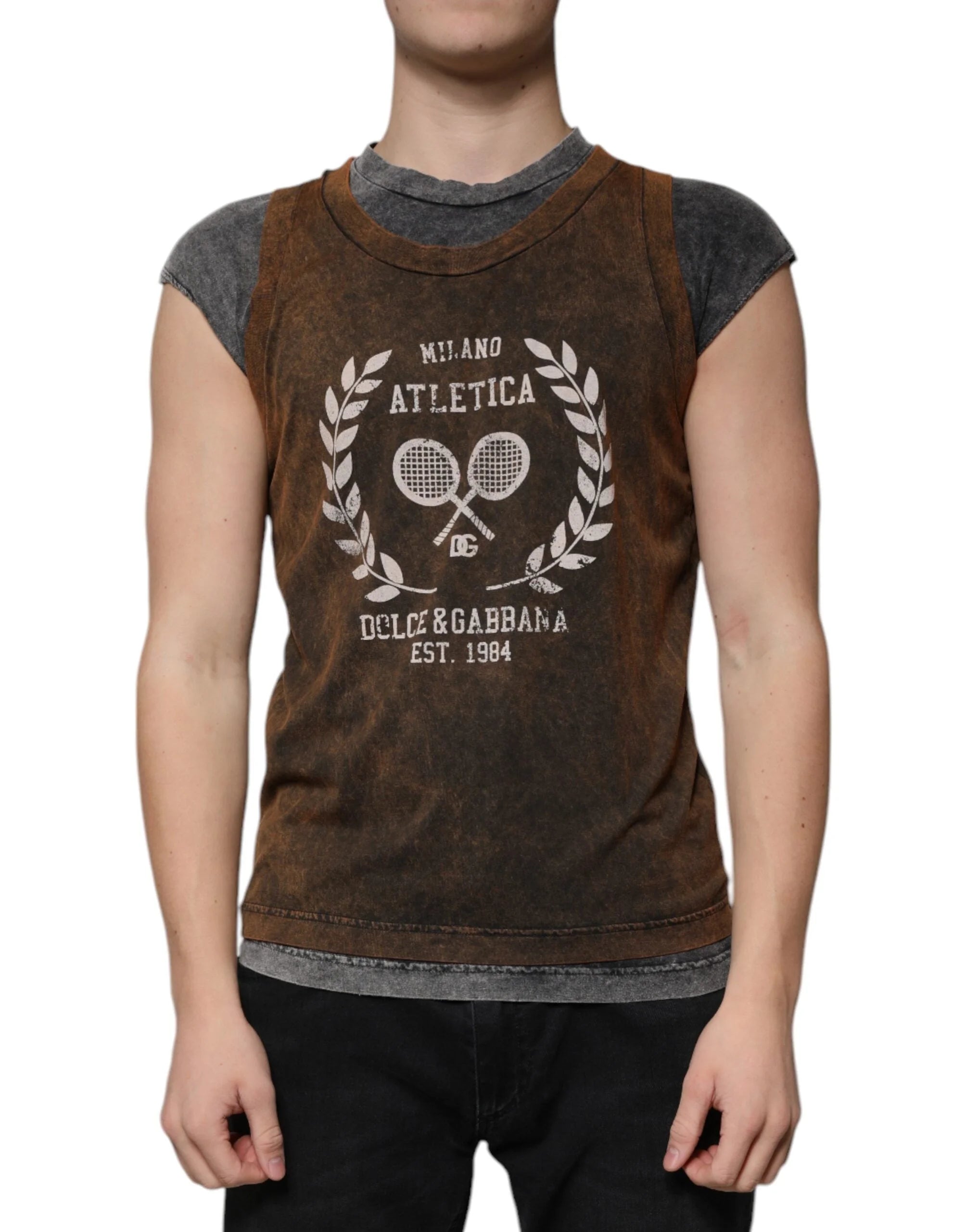 Dolce & Gabbana Brown Cotton Crew Neck Sleeveless T-shirt - IT52 | XL - Tank Tops