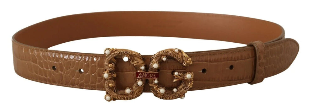 Dolce & Gabbana Brown Crocodile Pattern Leather Logo Amore Belt - 75 cm / 29,5 Inches - Belts