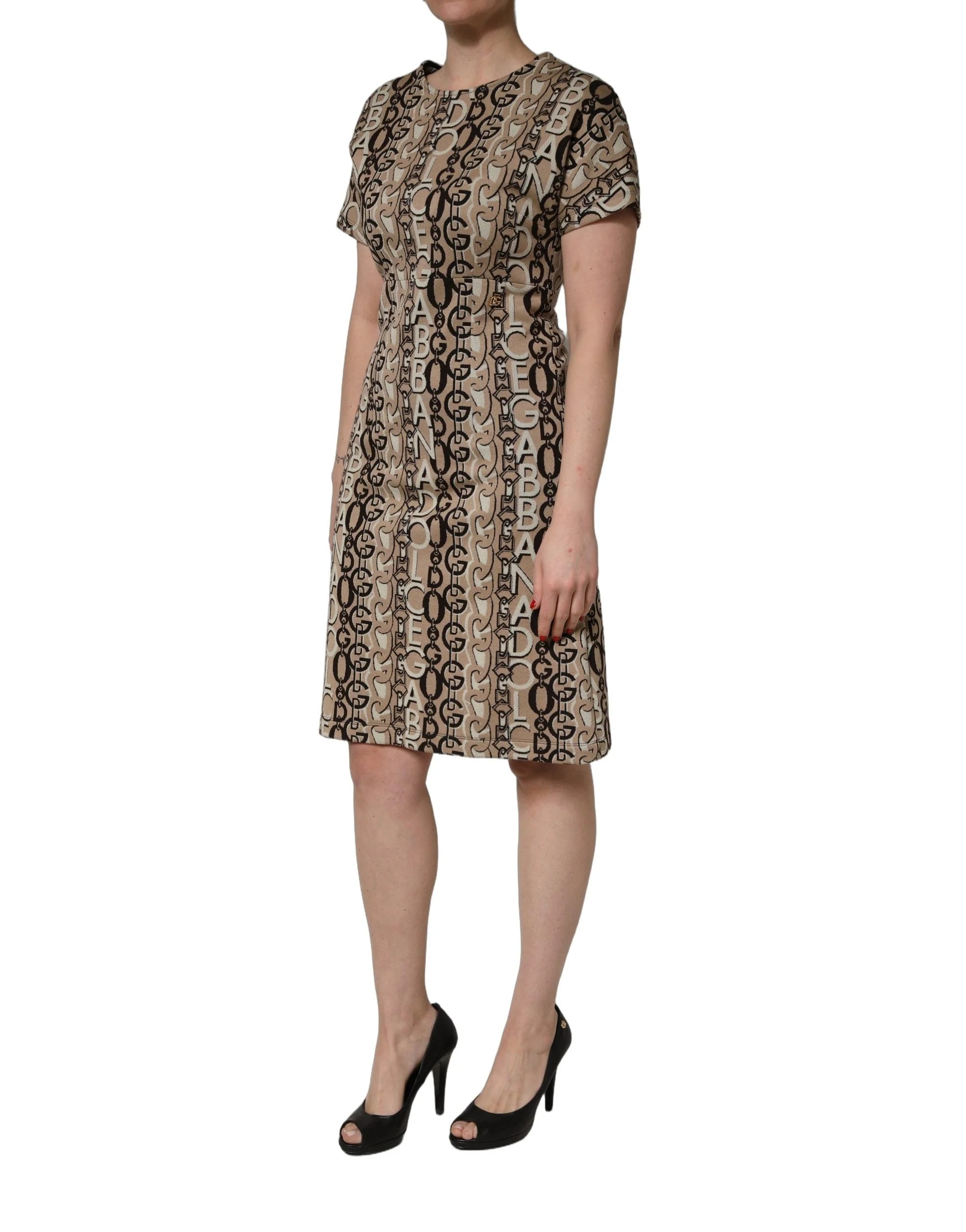 Dolce & Gabbana Brown DG Logo Chain Short-Sleeve Sheath Dress - IT40|S