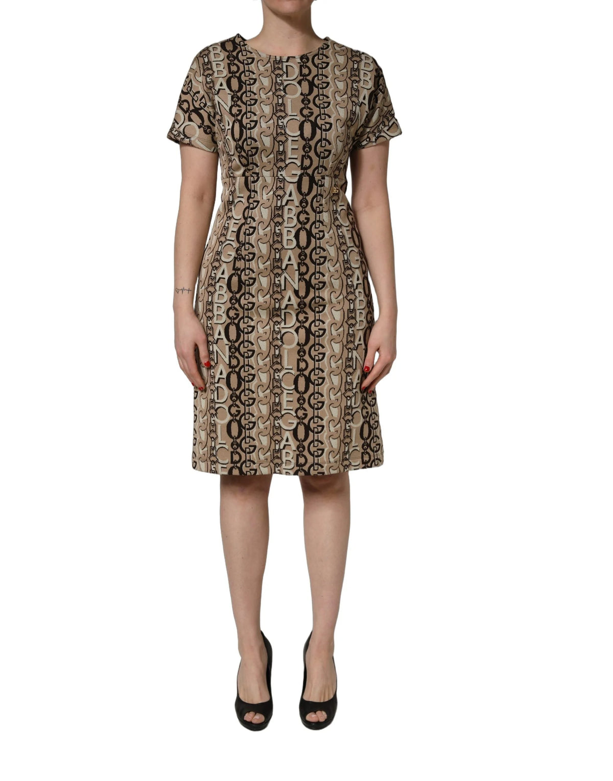 Dolce & Gabbana Brown DG Logo Chain Short-Sleeve Sheath Dress - IT40|S