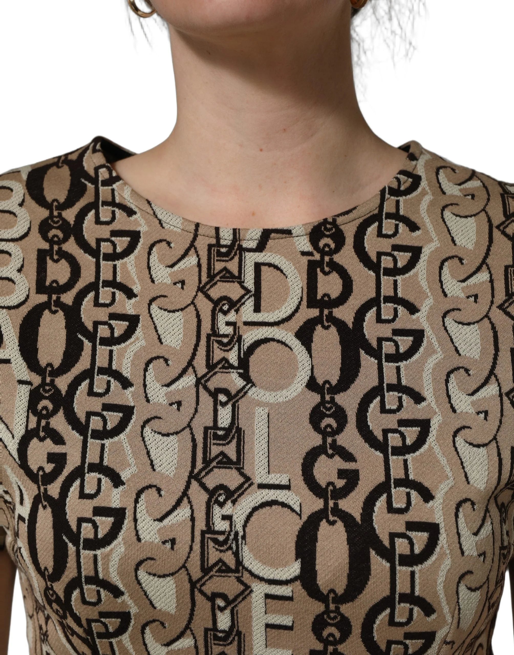 Dolce & Gabbana Brown DG Logo Chain Short-Sleeve Sheath Dress - IT40|S