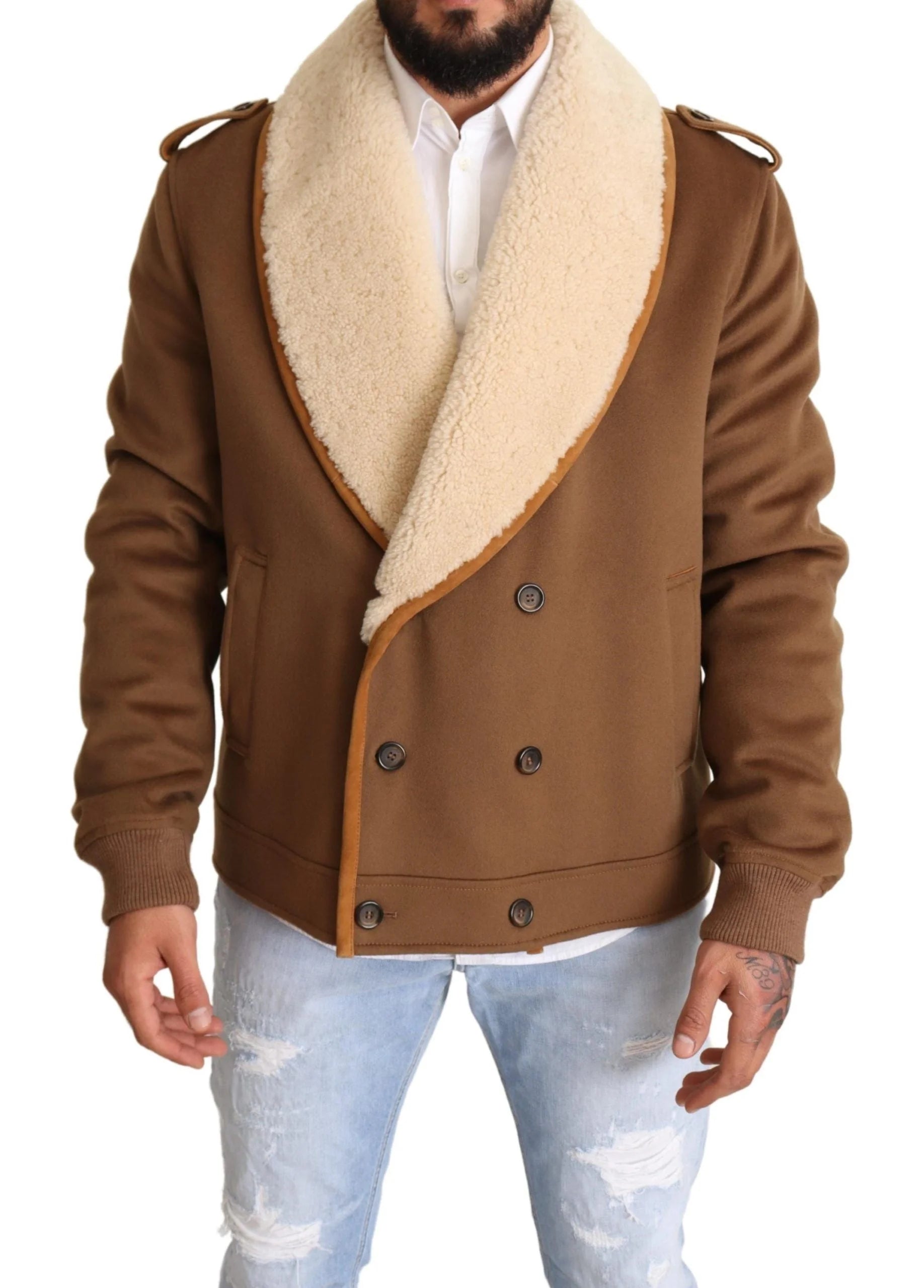 Dolce & Gabbana Brown Double Breasted Shearling Coat Jacket - IT54 | XL - Overcoats