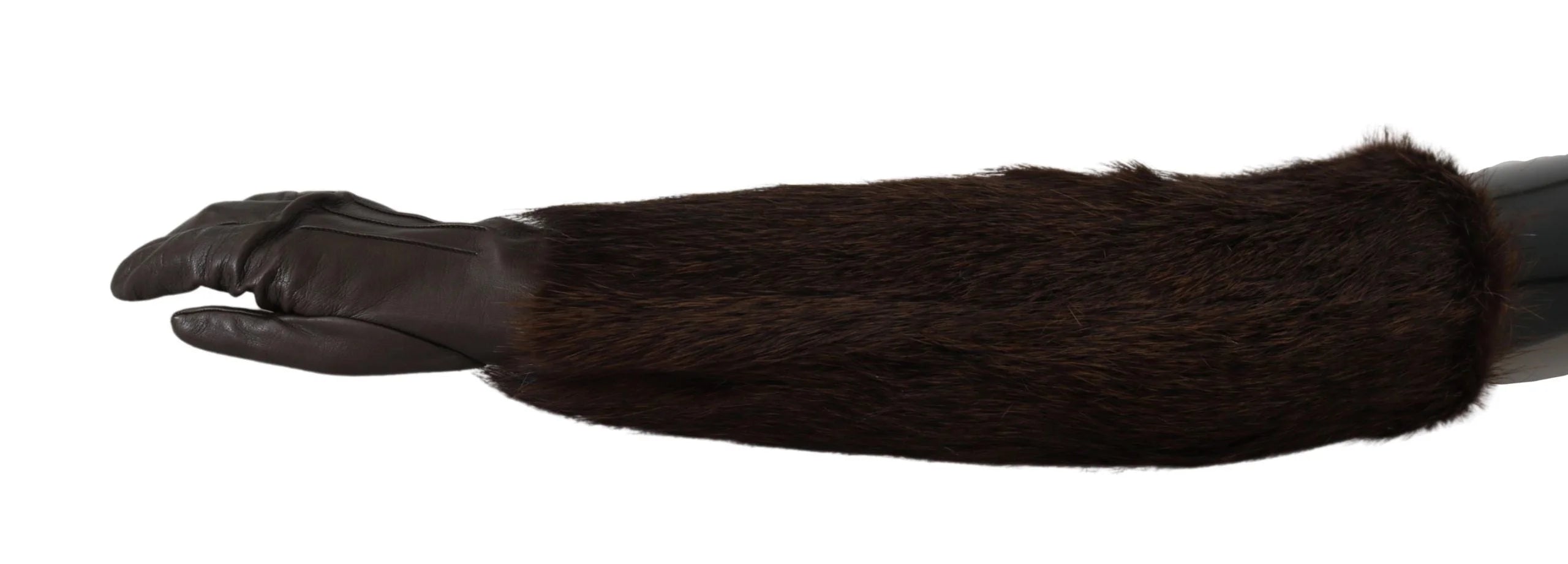 Dolce & Gabbana Brown Elbow Length Mittens Leather Fur Gloves - 7.5|S
