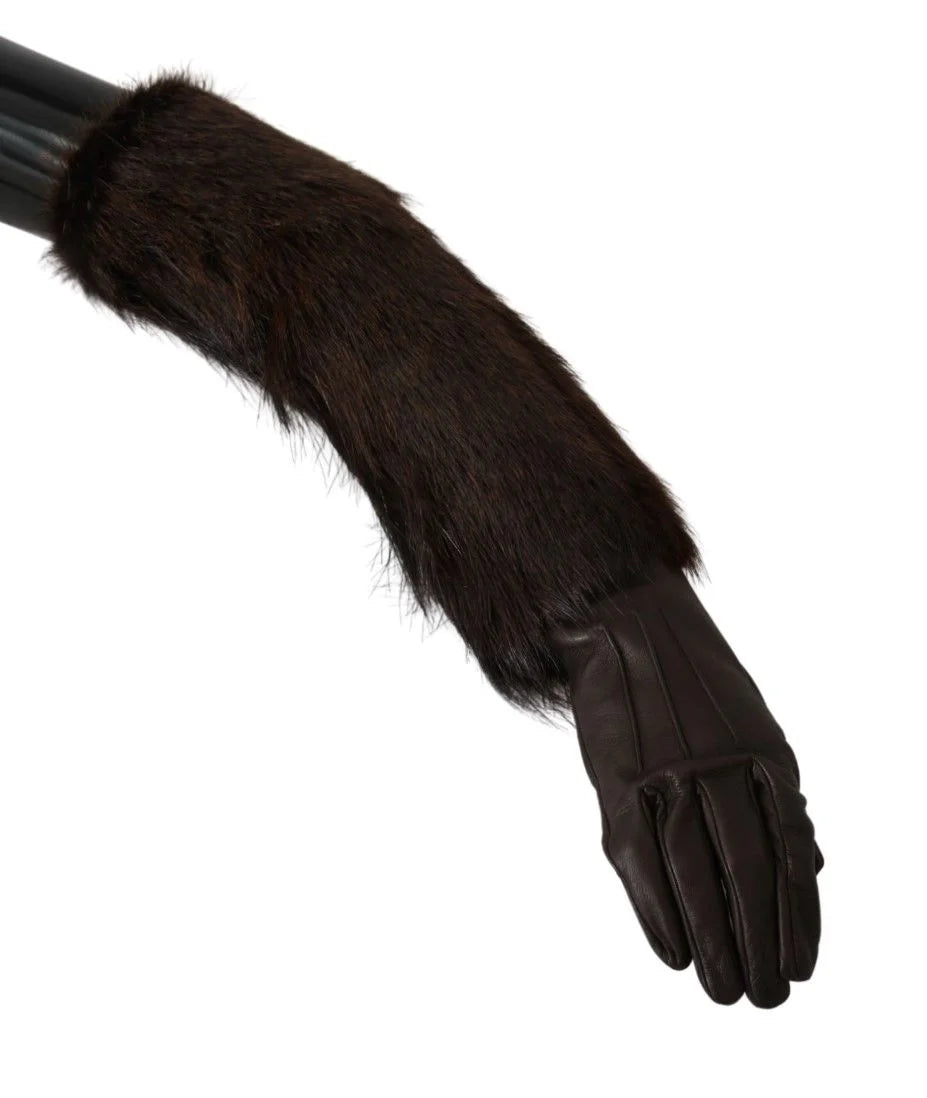 Dolce & Gabbana Brown Elbow Length Mittens Leather Fur Gloves - 7.5|S