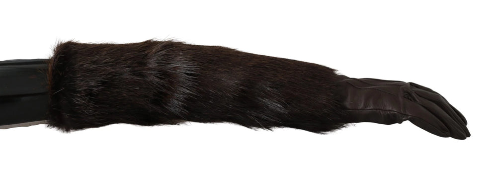 Dolce & Gabbana Brown Elbow Length Mittens Leather Fur Gloves - 7.5|S