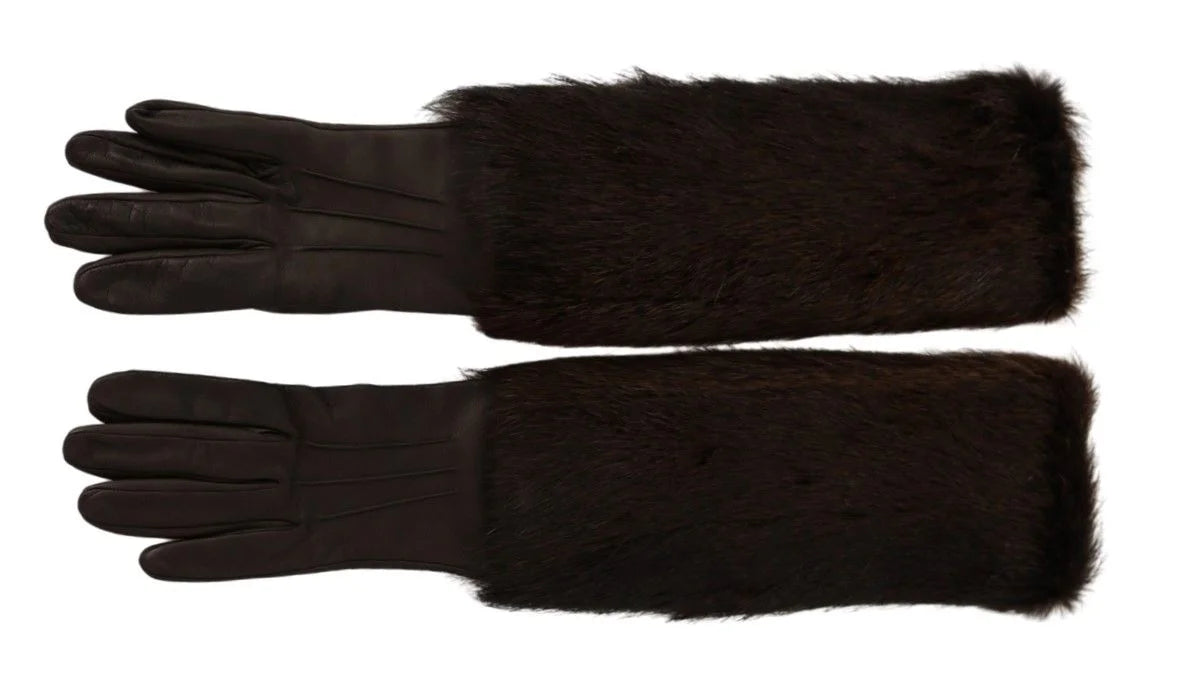 Dolce & Gabbana Brown Elbow Length Mittens Leather Fur Gloves - 7.5|S