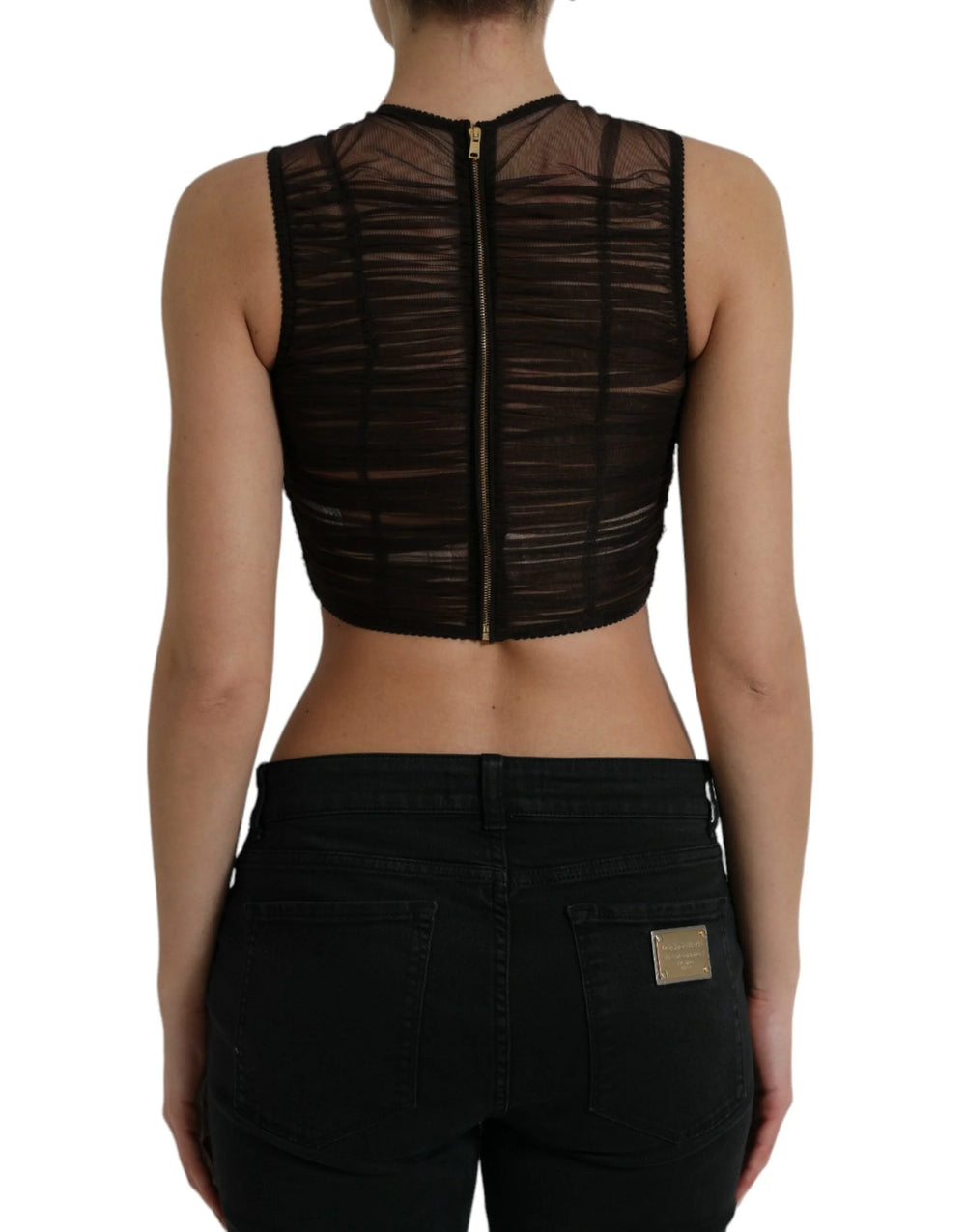 Dolce & Gabbana Brown Embellished Nylon Stretch Cropped Top - IT40|S - Crop Tops