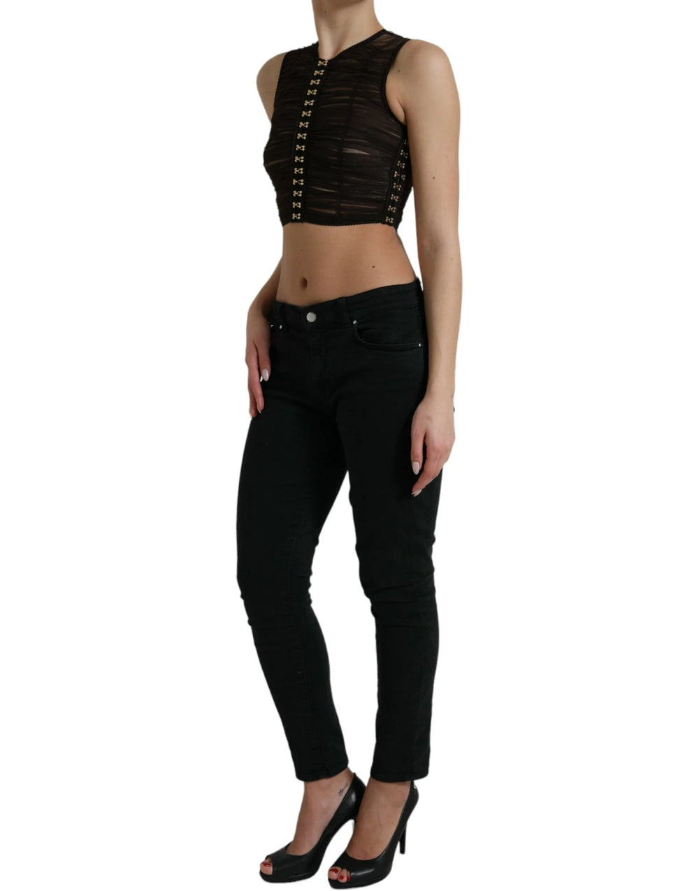 Dolce & Gabbana Brown Embellished Nylon Stretch Cropped Top - IT40|S - Crop Tops