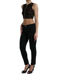 Dolce & Gabbana Brown Embellished Nylon Stretch Cropped Top - IT40|S - Crop Tops