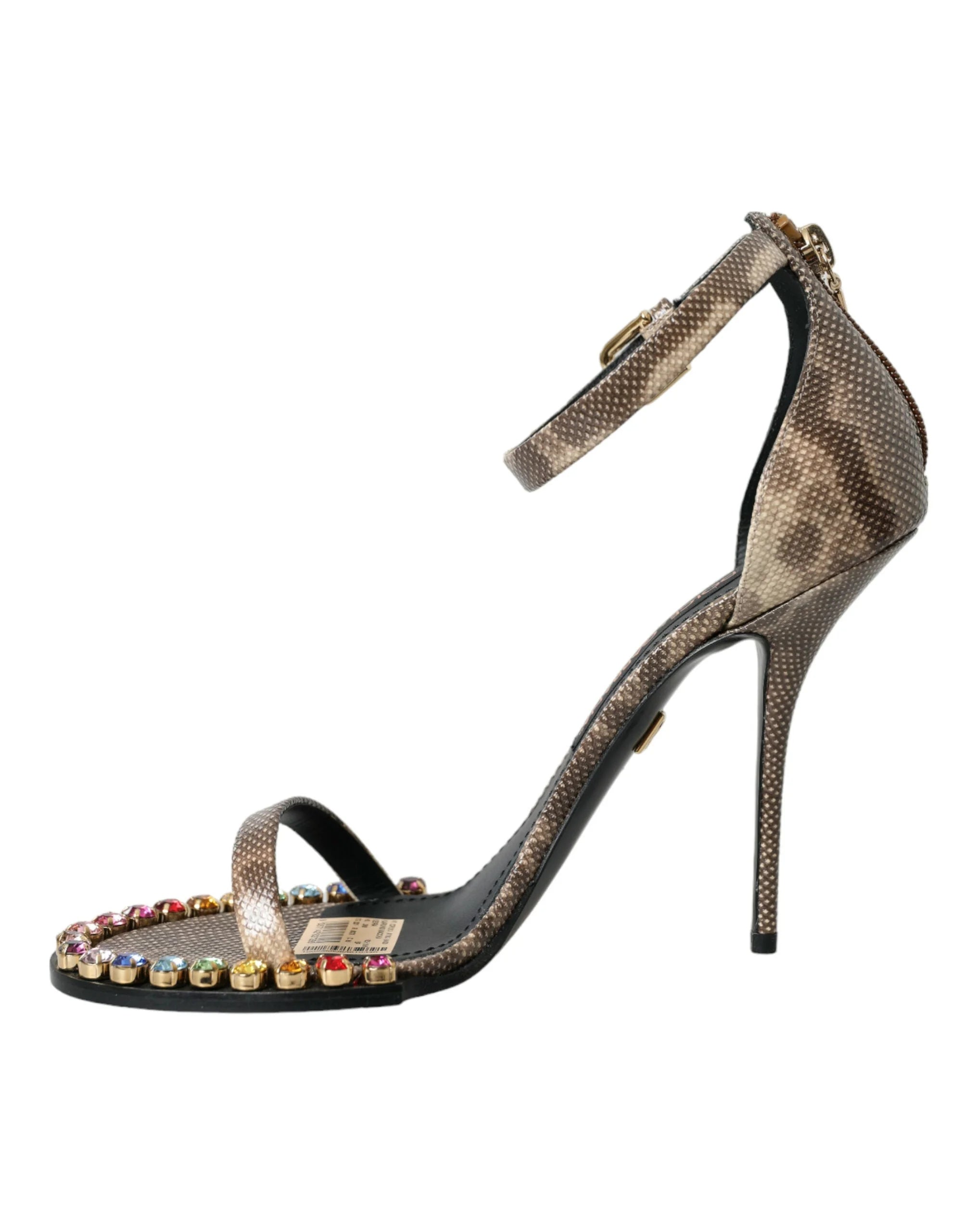 Dolce & Gabbana Brown Exotic Leather Crystal Sandals Shoes - EU39/US8.5 - Sandals