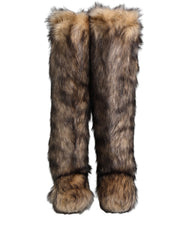 Dolce & Gabbana Brown Faux Skim Ski Fur Knee High Boots Shoes - EU44/US11