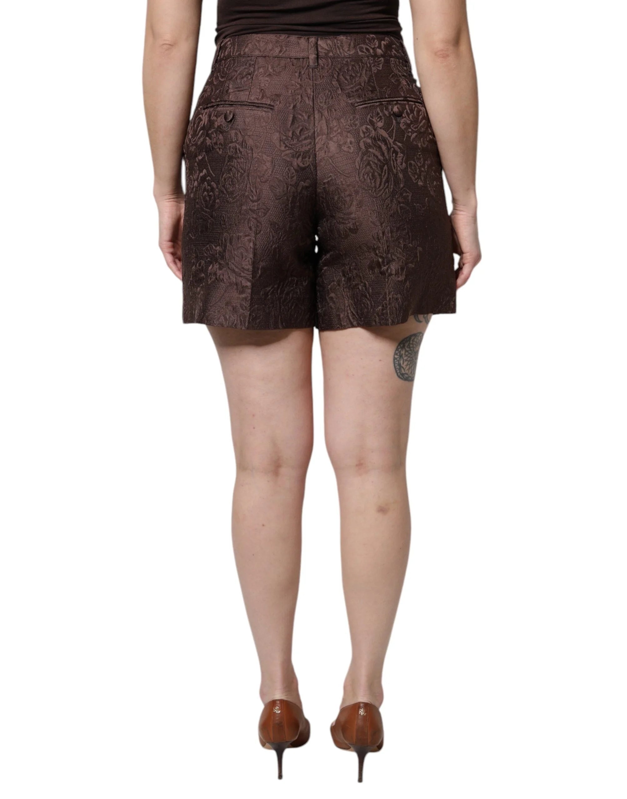 Dolce & Gabbana Brown Floral Brocade Mid Waist Mini Short - Short Trousers