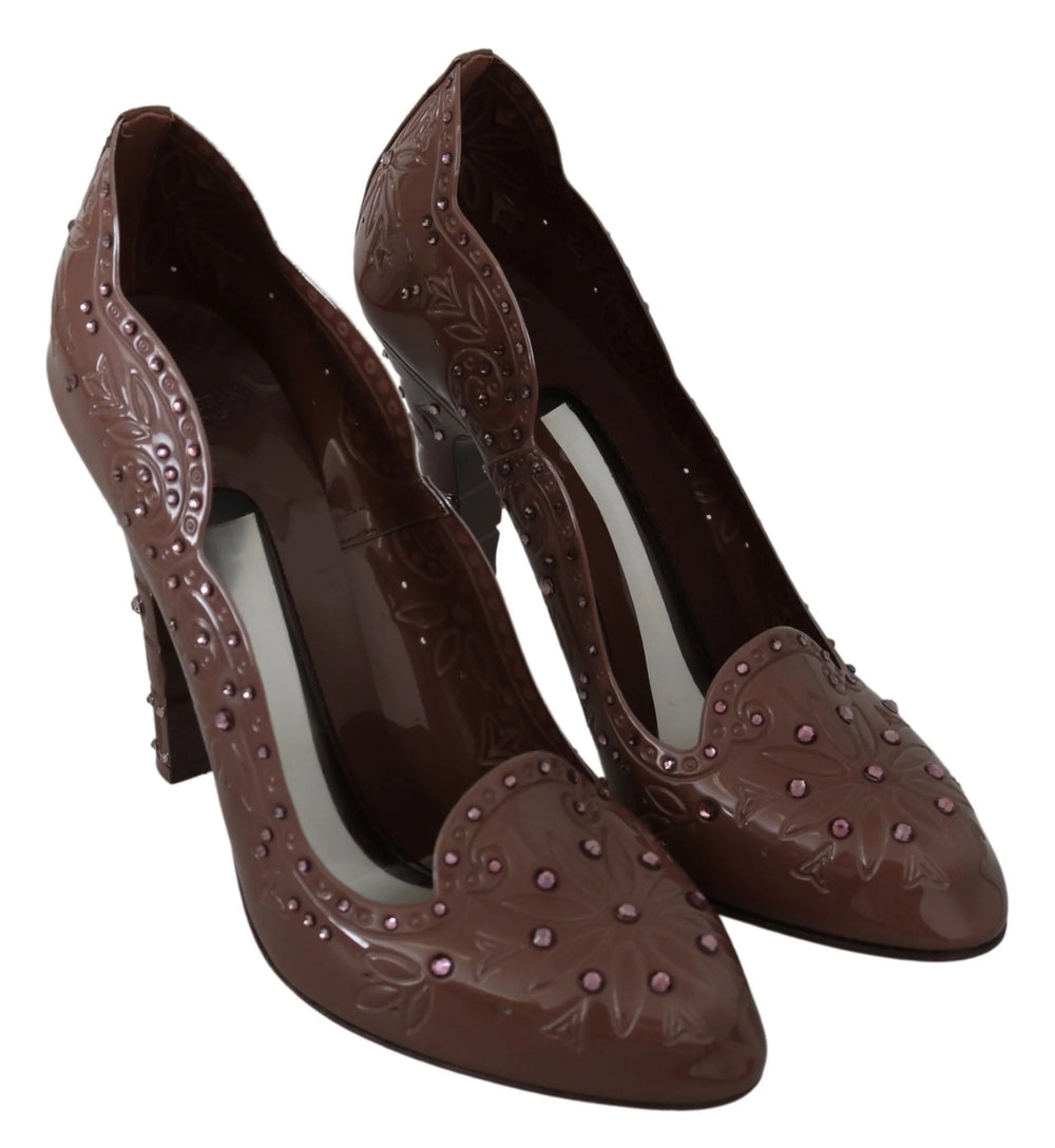 Dolce & Gabbana Brown Floral Crystal Heels CINDERELLA Shoes - EU39/US8.5
