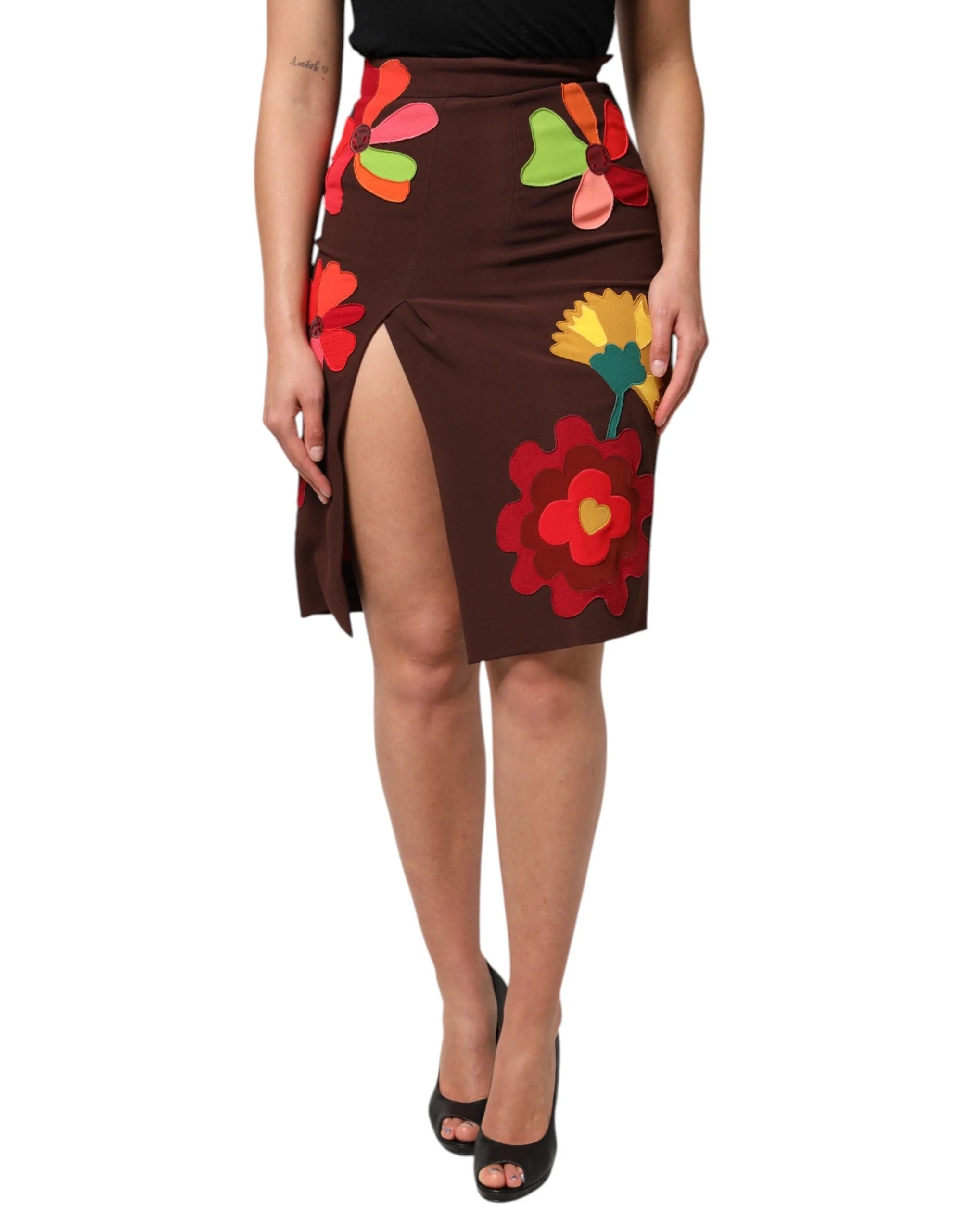 Dolce & Gabbana Brown Floral High Waist Side Slit Skirt - IT40|S