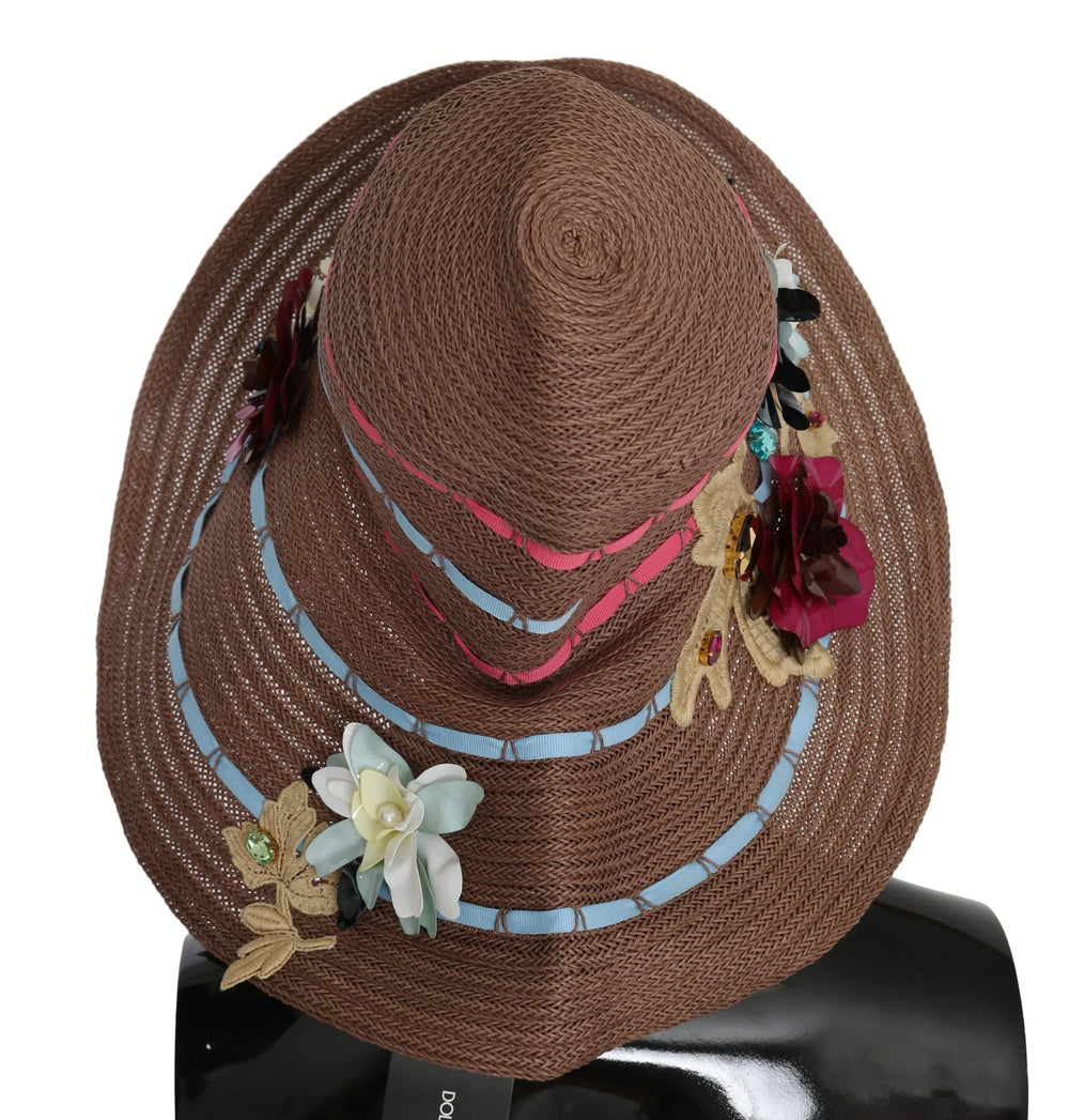Dolce & Gabbana Brown Floral Wide Brim Straw Floppy Cap Hat - 58 cm|M - Sun Hats