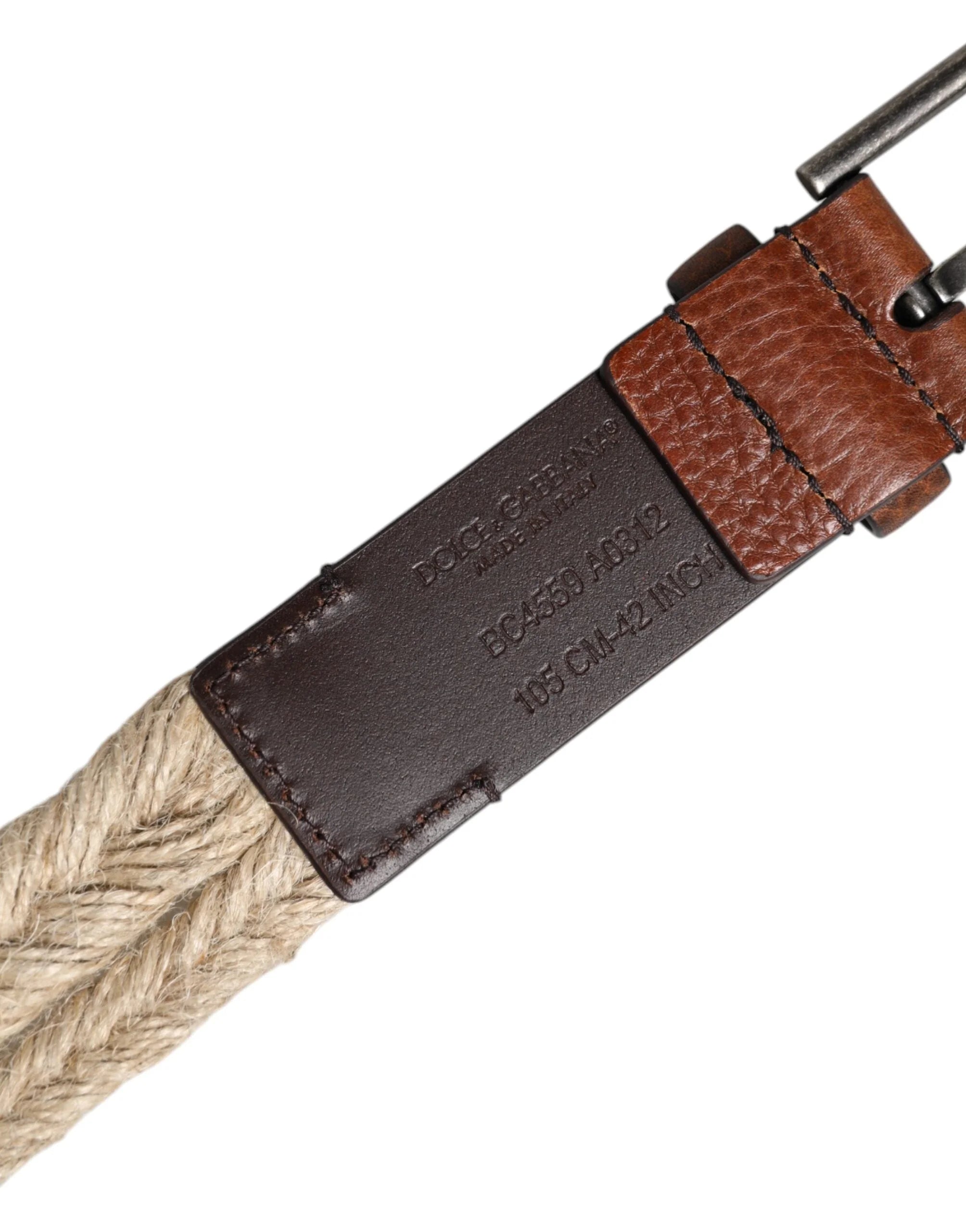 Dolce & Gabbana Brown Jute Leather Woven Metal Buckle Belt - Belts