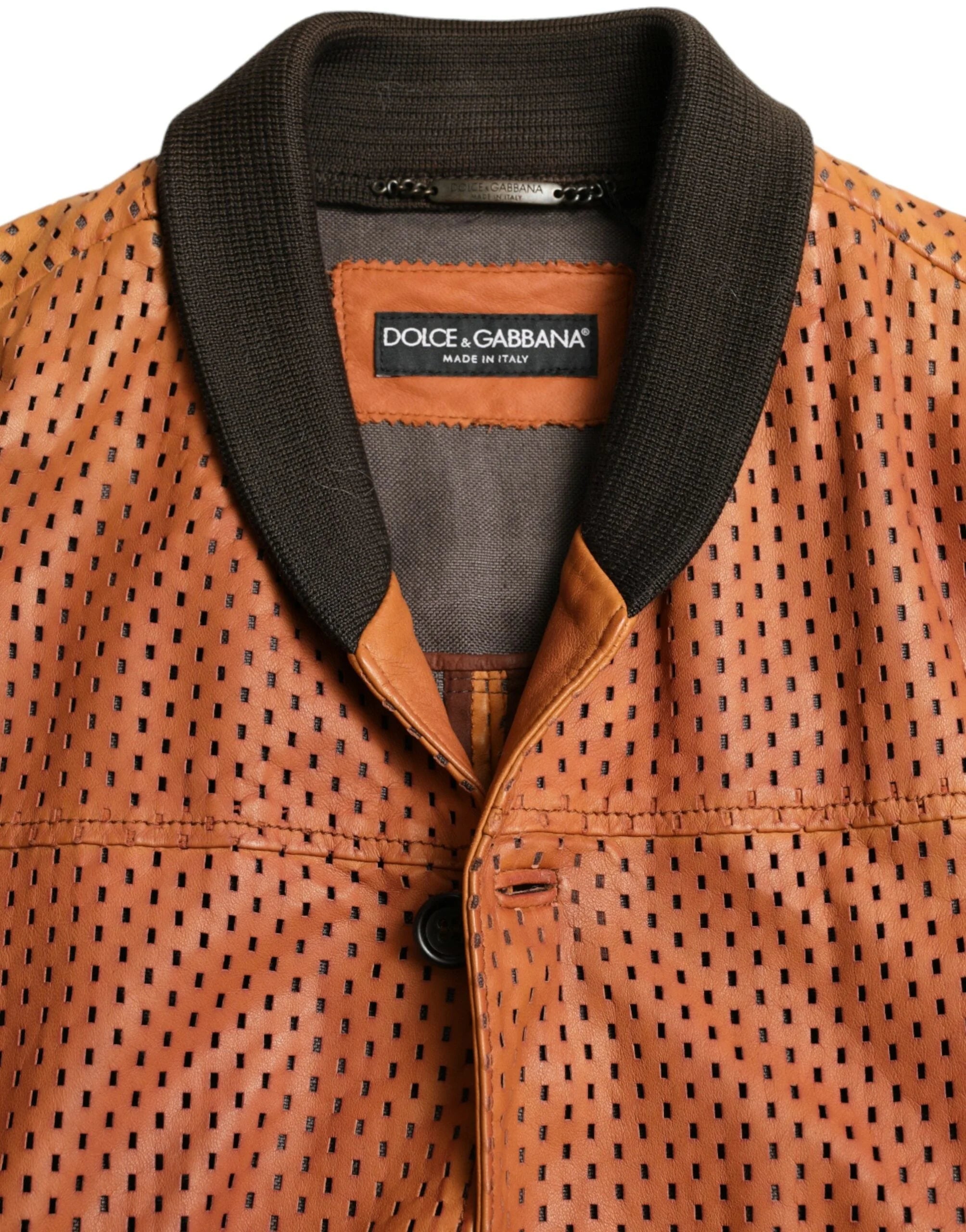 Dolce & Gabbana Brown Lambskin Leather Perforated Jacket - Bomber Jackets
