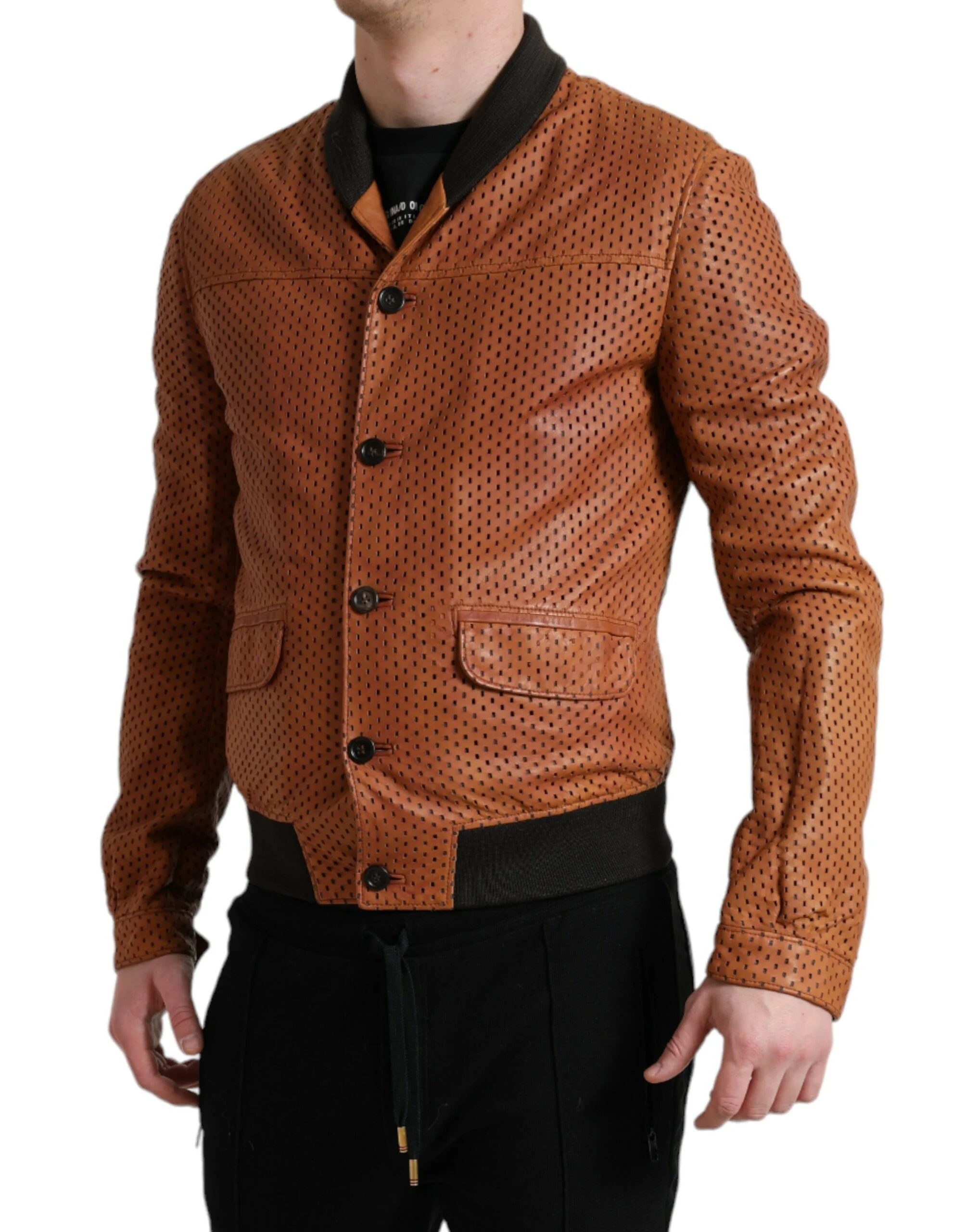 Dolce & Gabbana Brown Lambskin Leather Perforated Jacket - Bomber Jackets