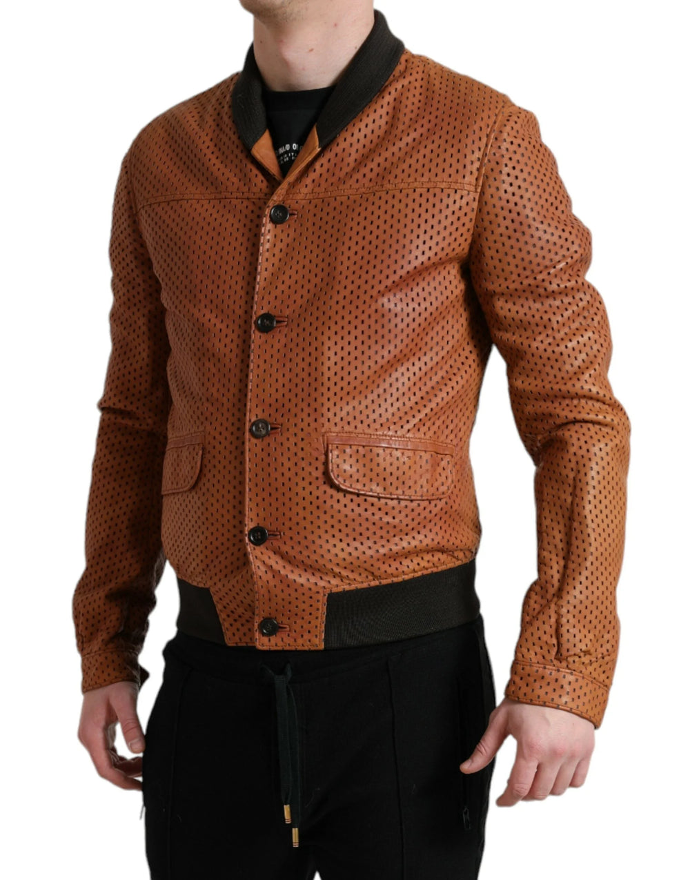 Dolce & Gabbana Brown Lambskin Leather Perforated Jacket - Bomber Jackets