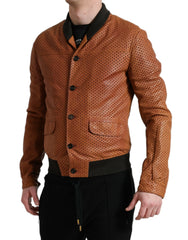 Dolce & Gabbana Brown Lambskin Leather Perforated Jacket - Bomber Jackets