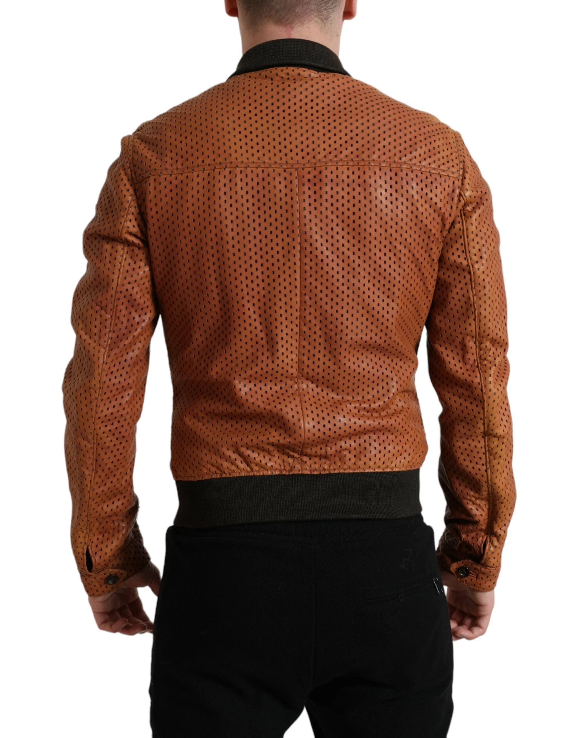Dolce & Gabbana Brown Lambskin Leather Perforated Jacket - Bomber Jackets