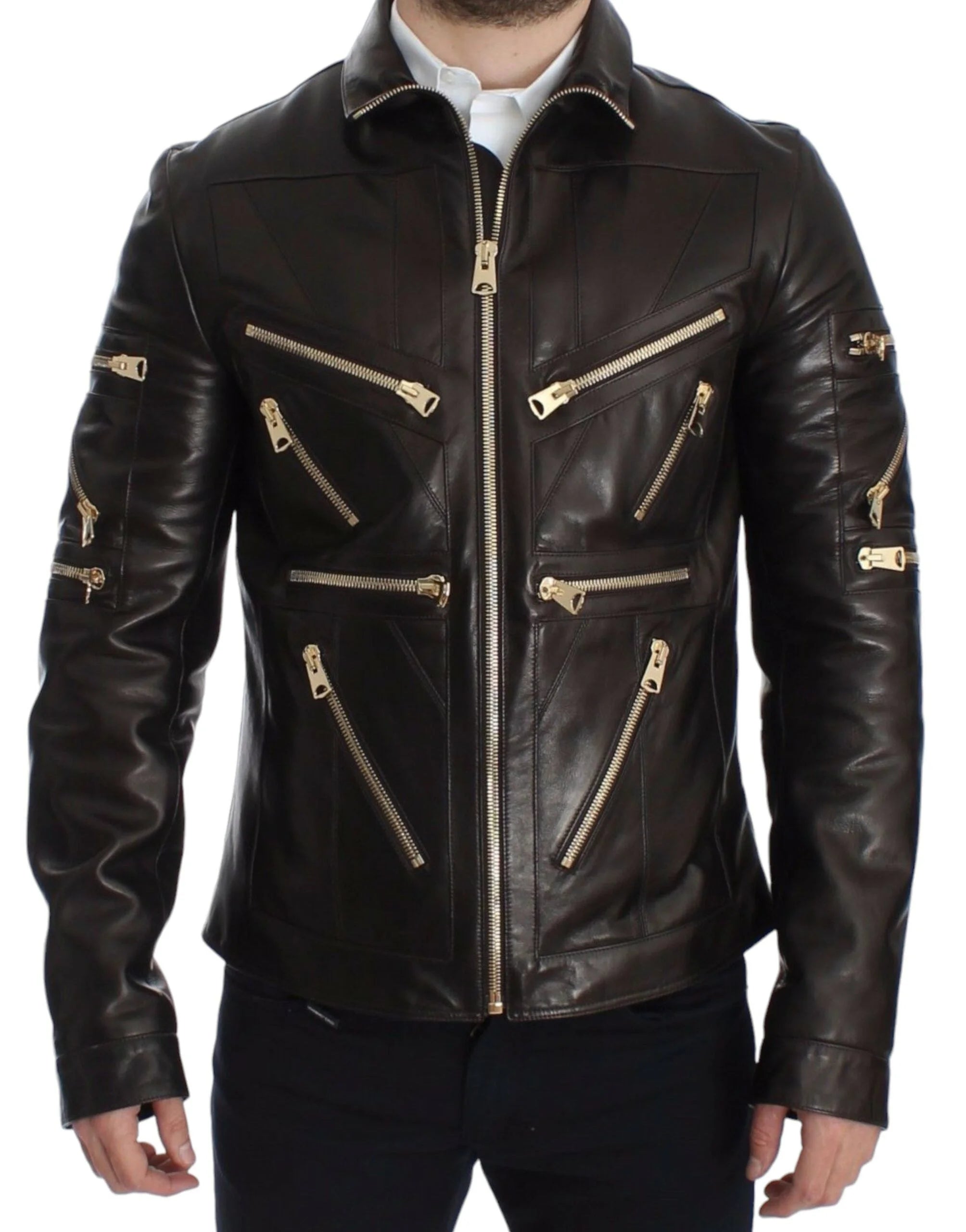 Dolce & Gabbana Brown Lambskin Leather Zipper Jacket - IT48 | M - Bomber Jackets