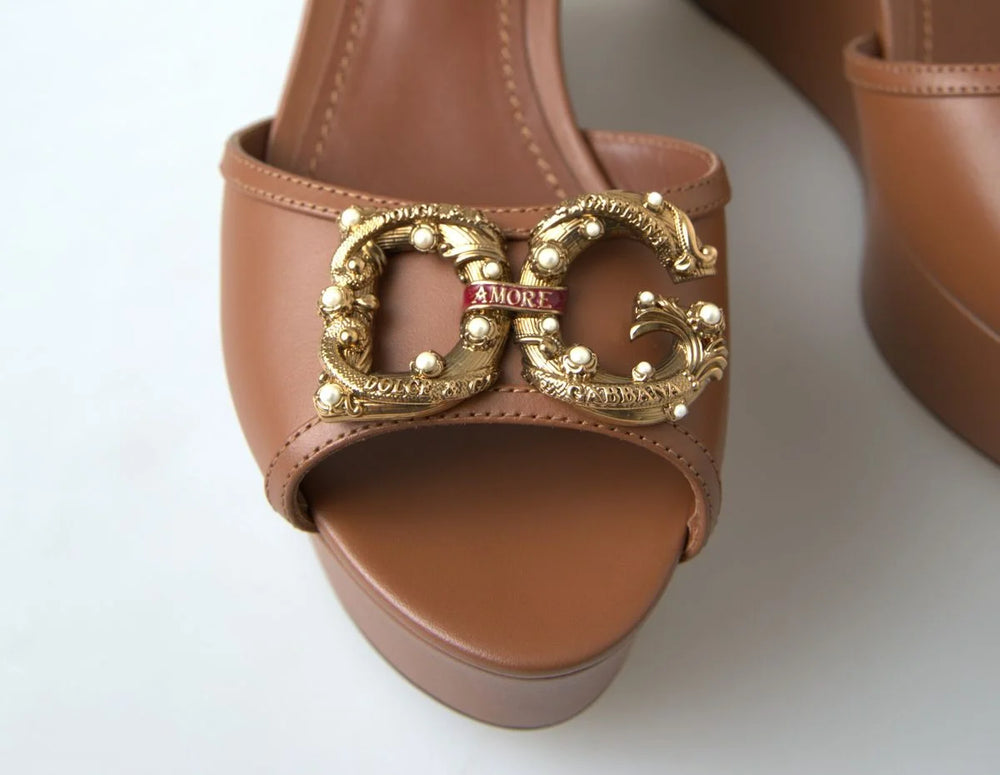 Dolce & Gabbana Brown Leather AMORE Wedges Sandals Shoes - Sandals