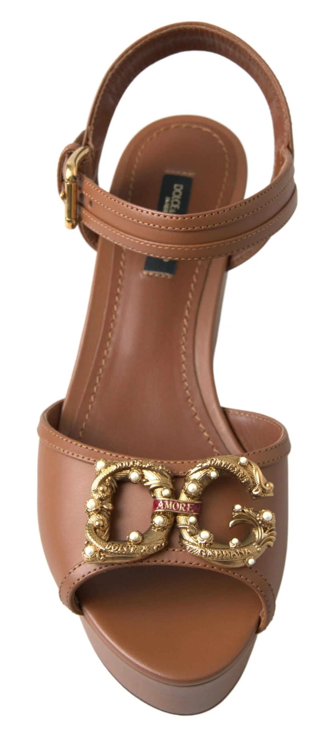 Dolce & Gabbana Brown Leather AMORE Wedges Sandals Shoes - Sandals