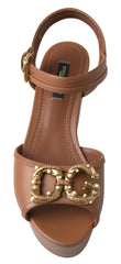 Dolce & Gabbana Brown Leather AMORE Wedges Sandals Shoes - Sandals