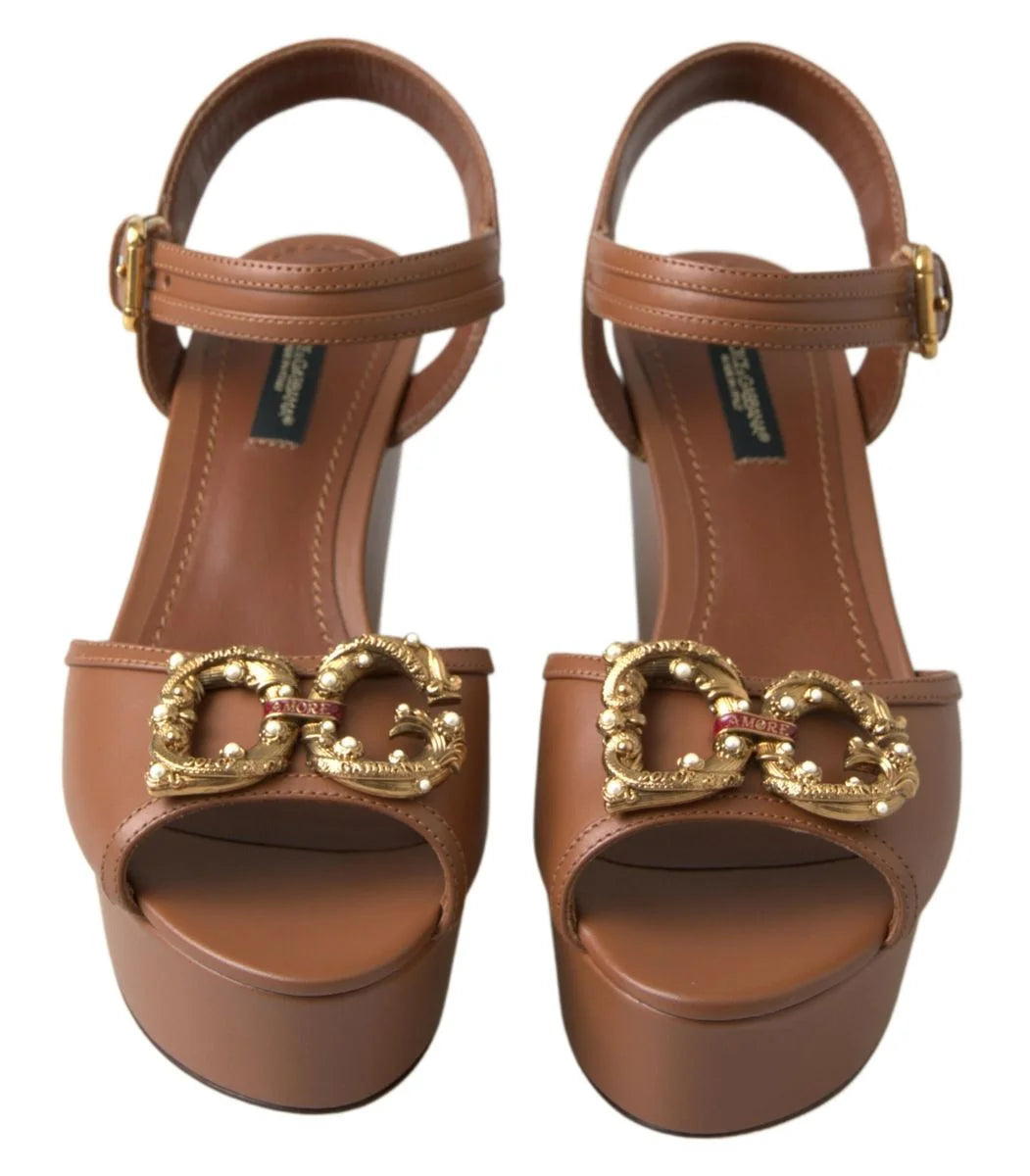 Dolce & Gabbana Brown Leather AMORE Wedges Sandals Shoes - Sandals