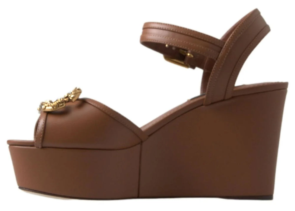 Dolce & Gabbana Brown Leather AMORE Wedges Sandals Shoes - Sandals