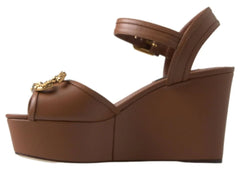 Dolce & Gabbana Brown Leather AMORE Wedges Sandals Shoes - Sandals