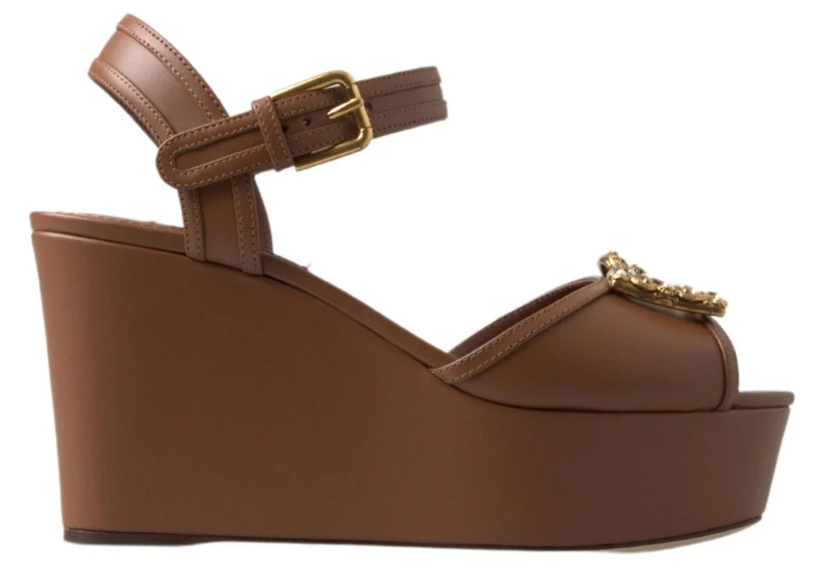 Dolce & Gabbana Brown Leather AMORE Wedges Sandals Shoes - EU35/US4.5