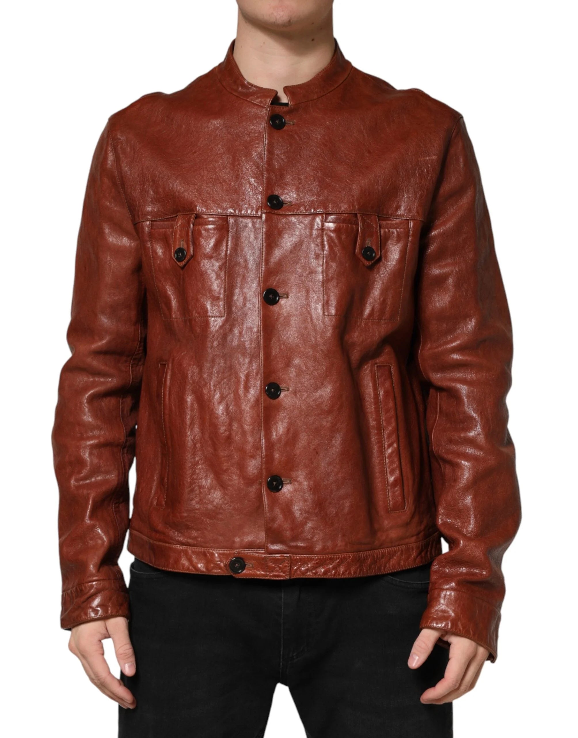 Dolce & Gabbana Brown Leather Button Down Men Biker Jacket - IT54 | XL