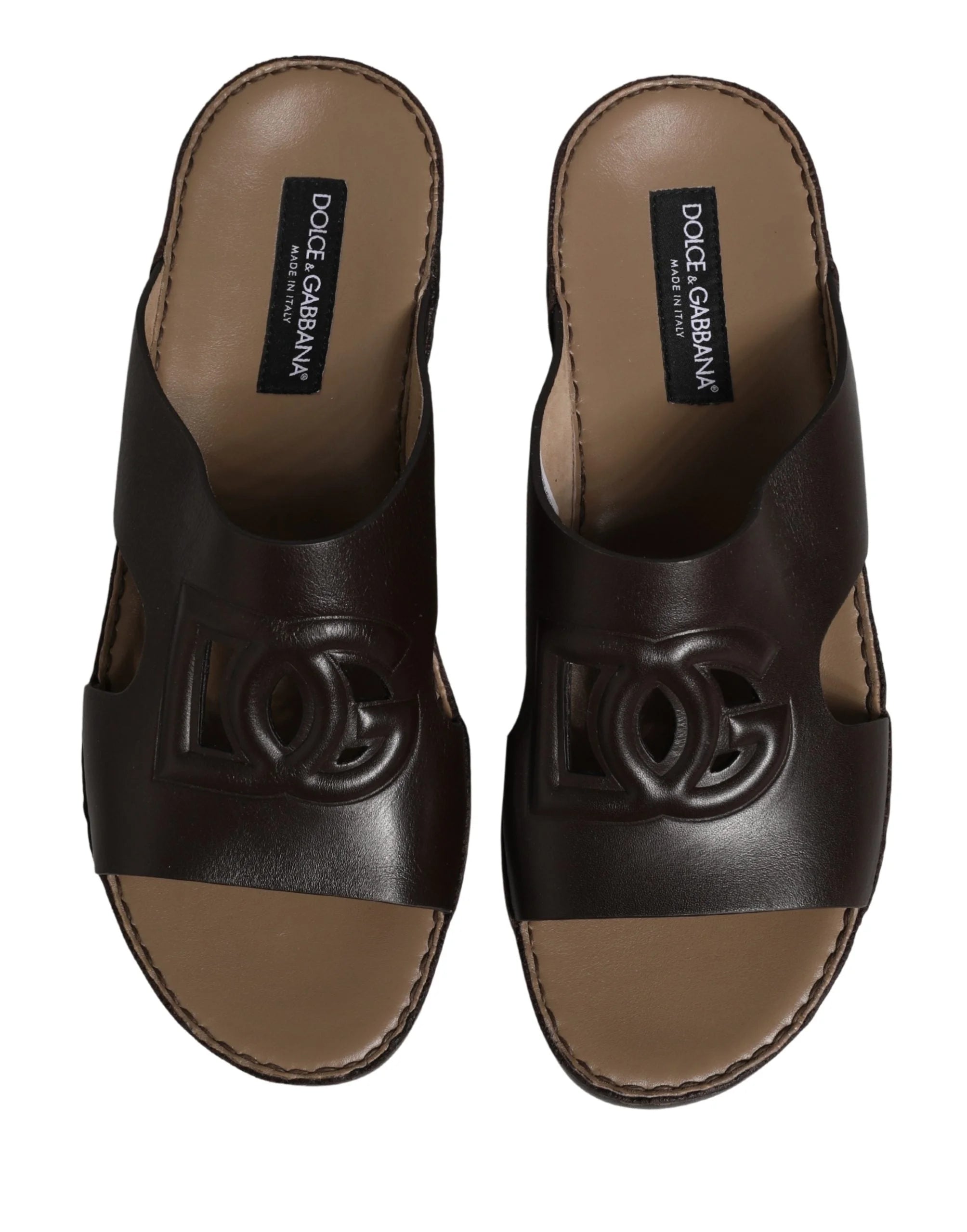 Dolce & Gabbana Brown Leather Cutout DG Logo Sandals Shoes - EU44/US11