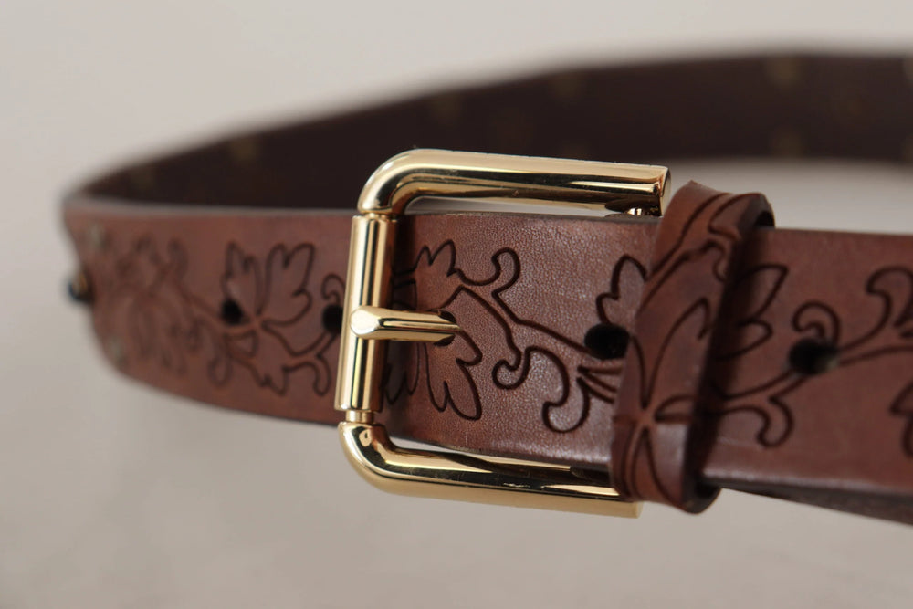 Dolce & Gabbana Brown Leather Floral Studded Metal Buckle Belt - 85 cm / 34 Inches - Belts