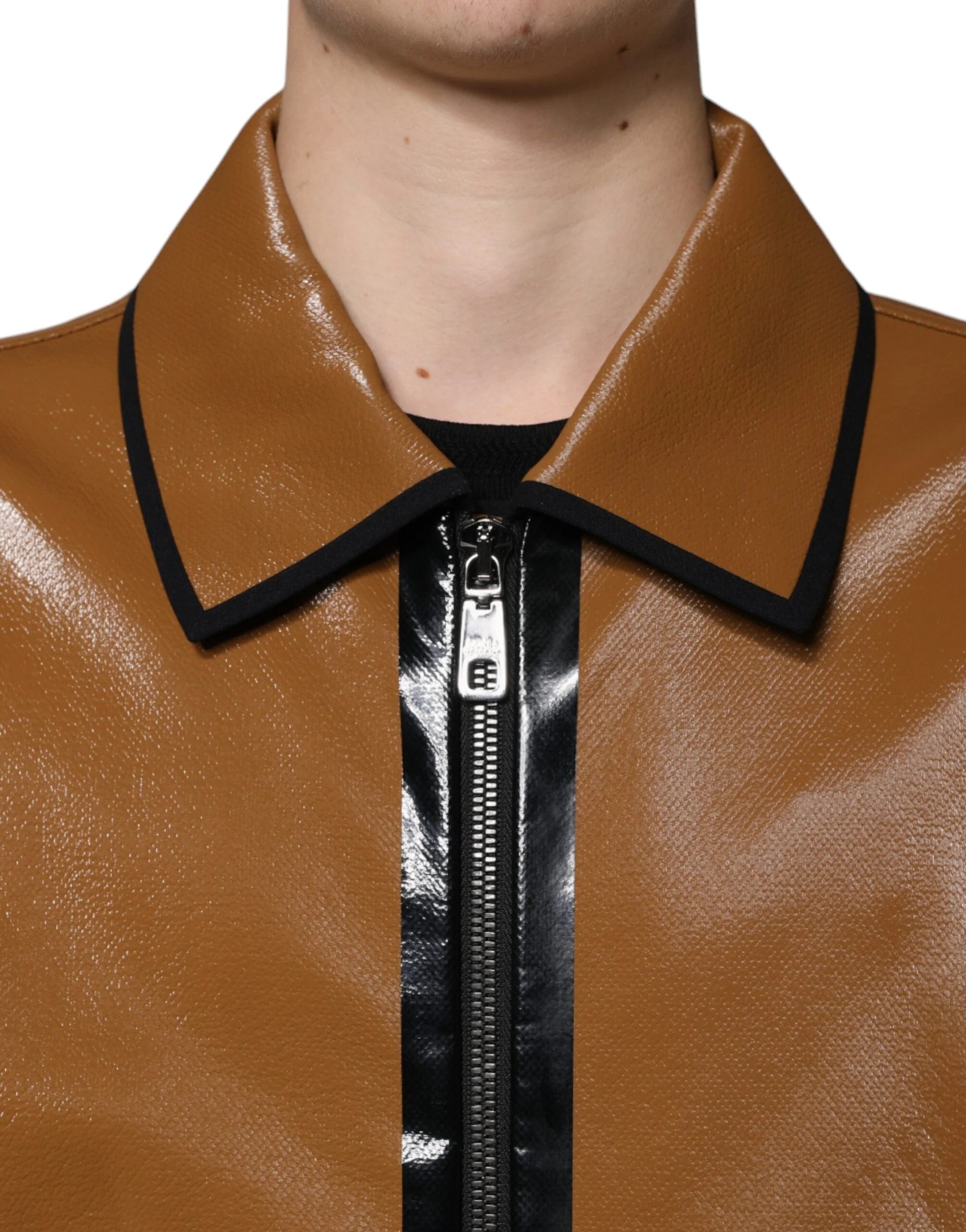 Dolce & Gabbana Brown Leather Full Zip Men Bomber Jacket - Bomber Jackets