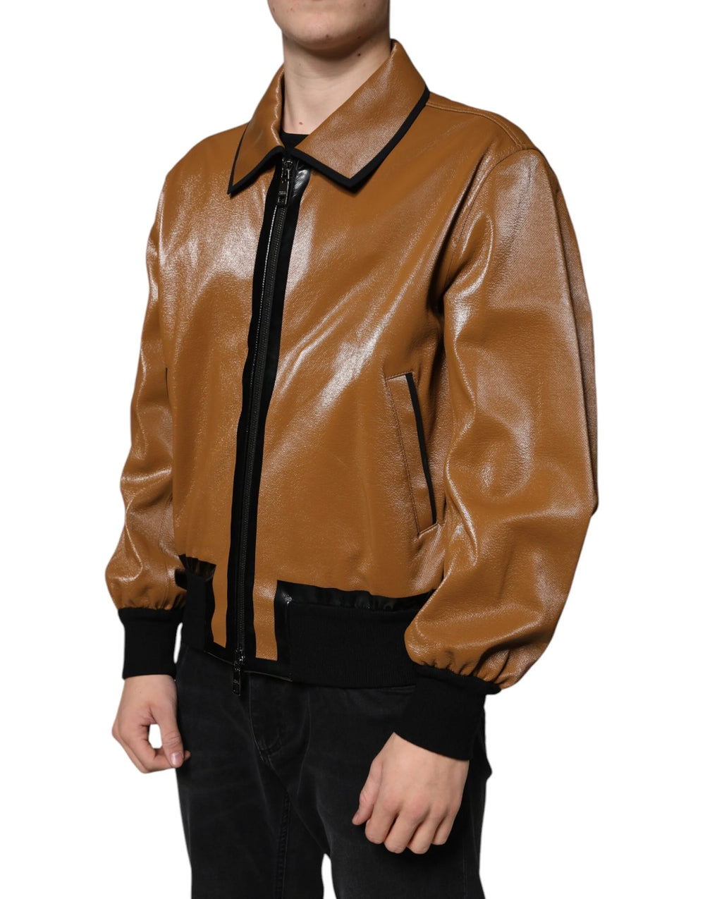 Dolce & Gabbana Brown Leather Full Zip Men Bomber Jacket - Bomber Jackets