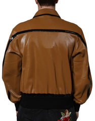 Dolce & Gabbana Brown Leather Full Zip Men Bomber Jacket - Bomber Jackets