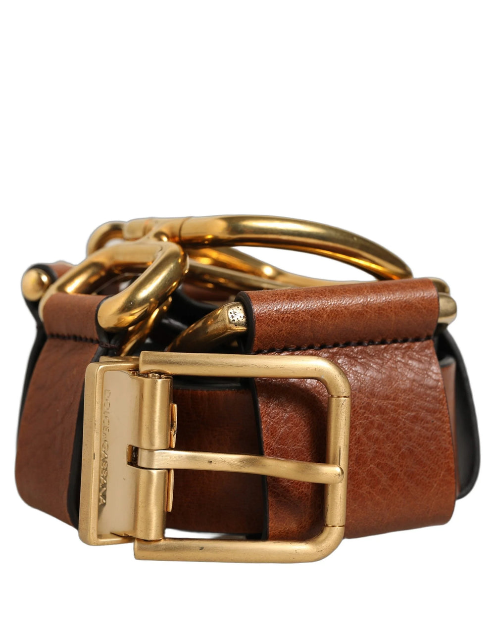 Dolce & Gabbana Brown Leather Gold Metal Rings Buckle Belt - 100 cm / 40 Inches