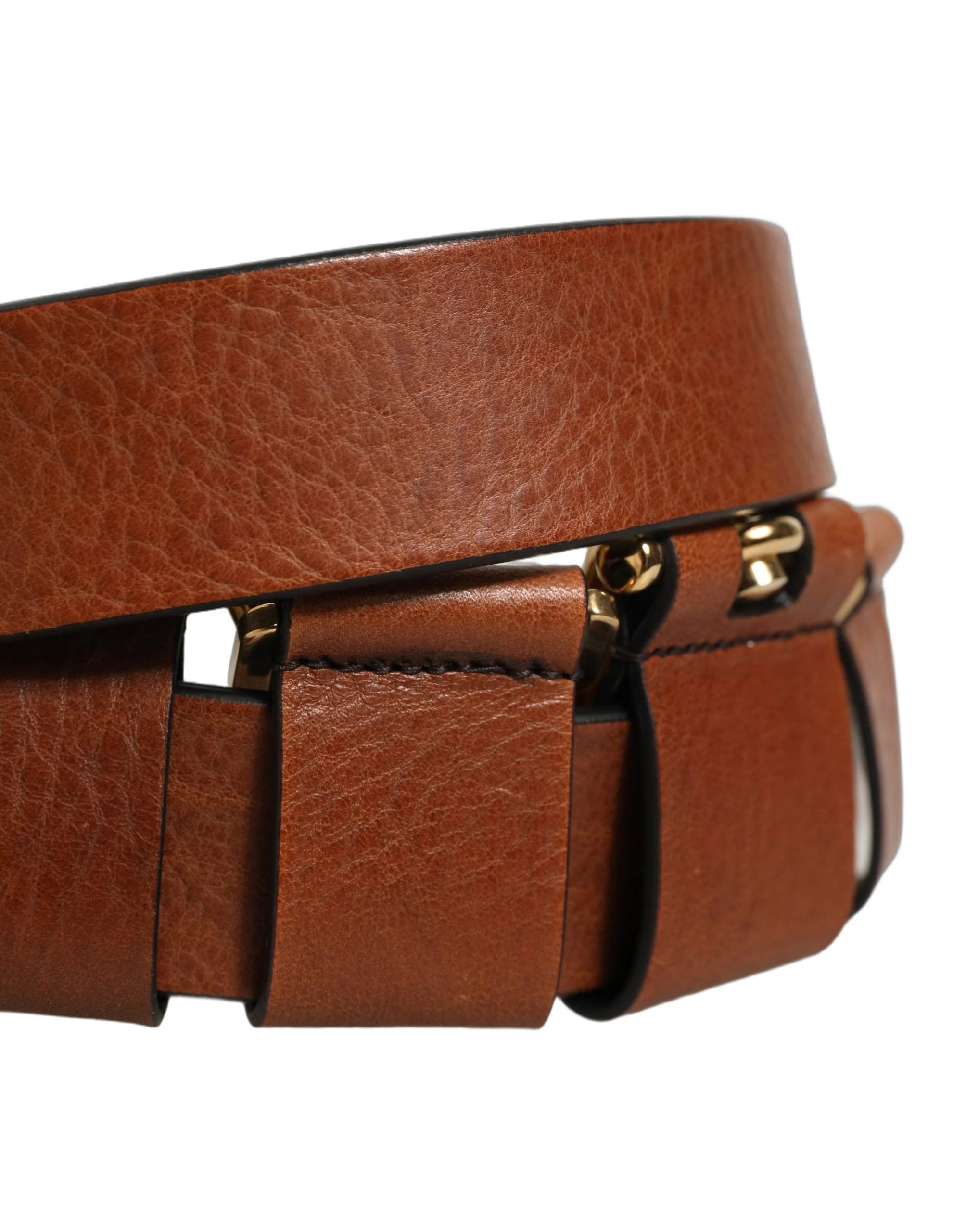 Dolce & Gabbana Brown Leather Gold Metal Rings Buckle Belt - 100 cm / 40 Inches