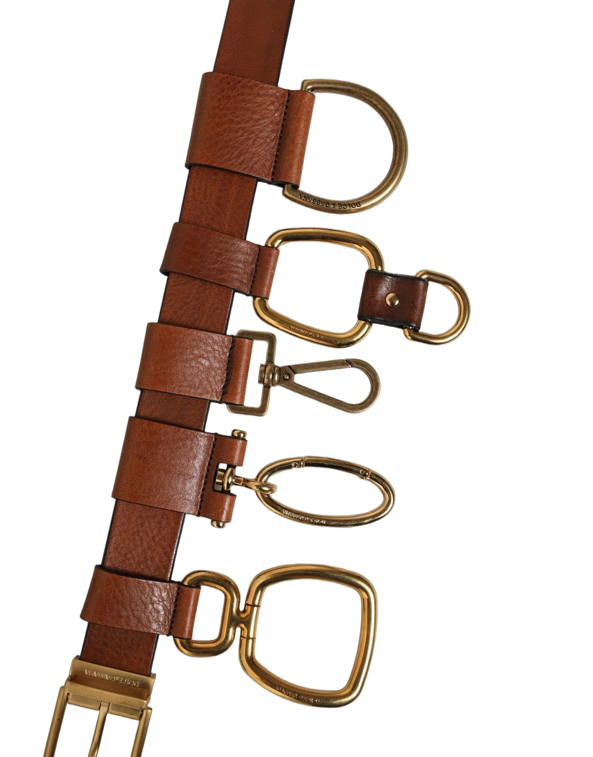 Dolce & Gabbana Brown Leather Gold Metal Rings Buckle Belt - 100 cm / 40 Inches