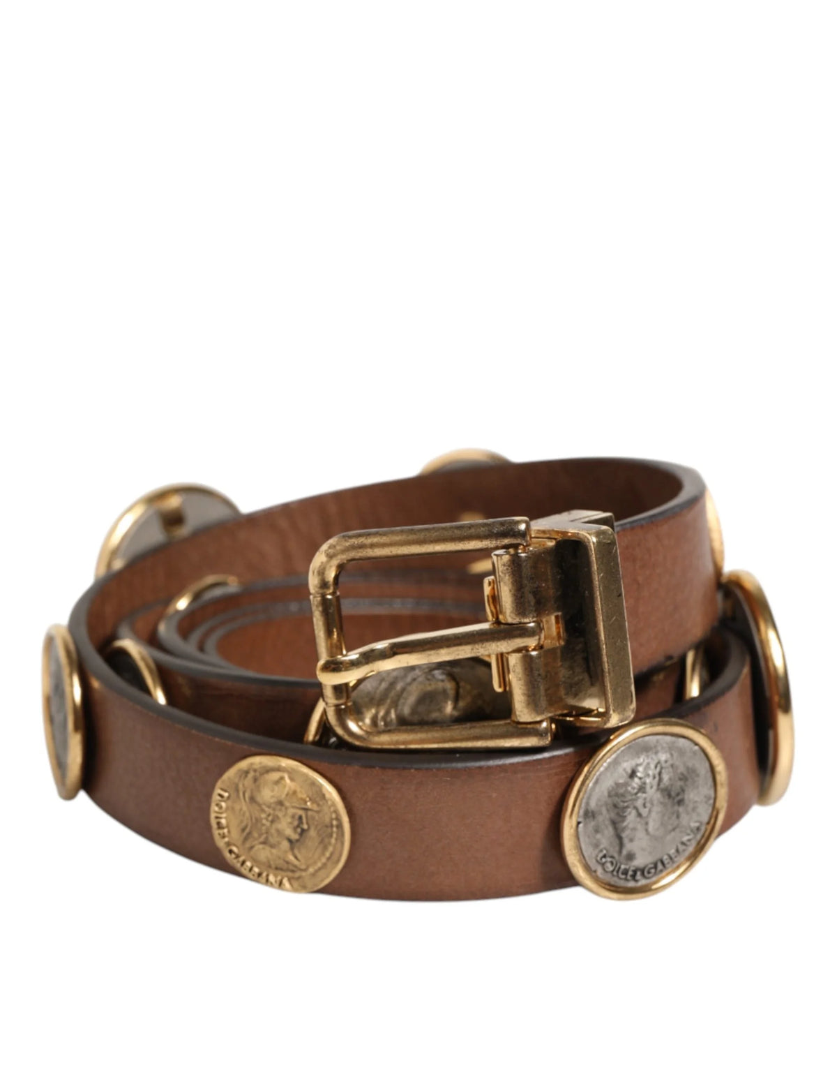 Dolce & Gabbana Brown Leather Gold Silver Coin Buckle Belt - 90 cm / 36 Inches