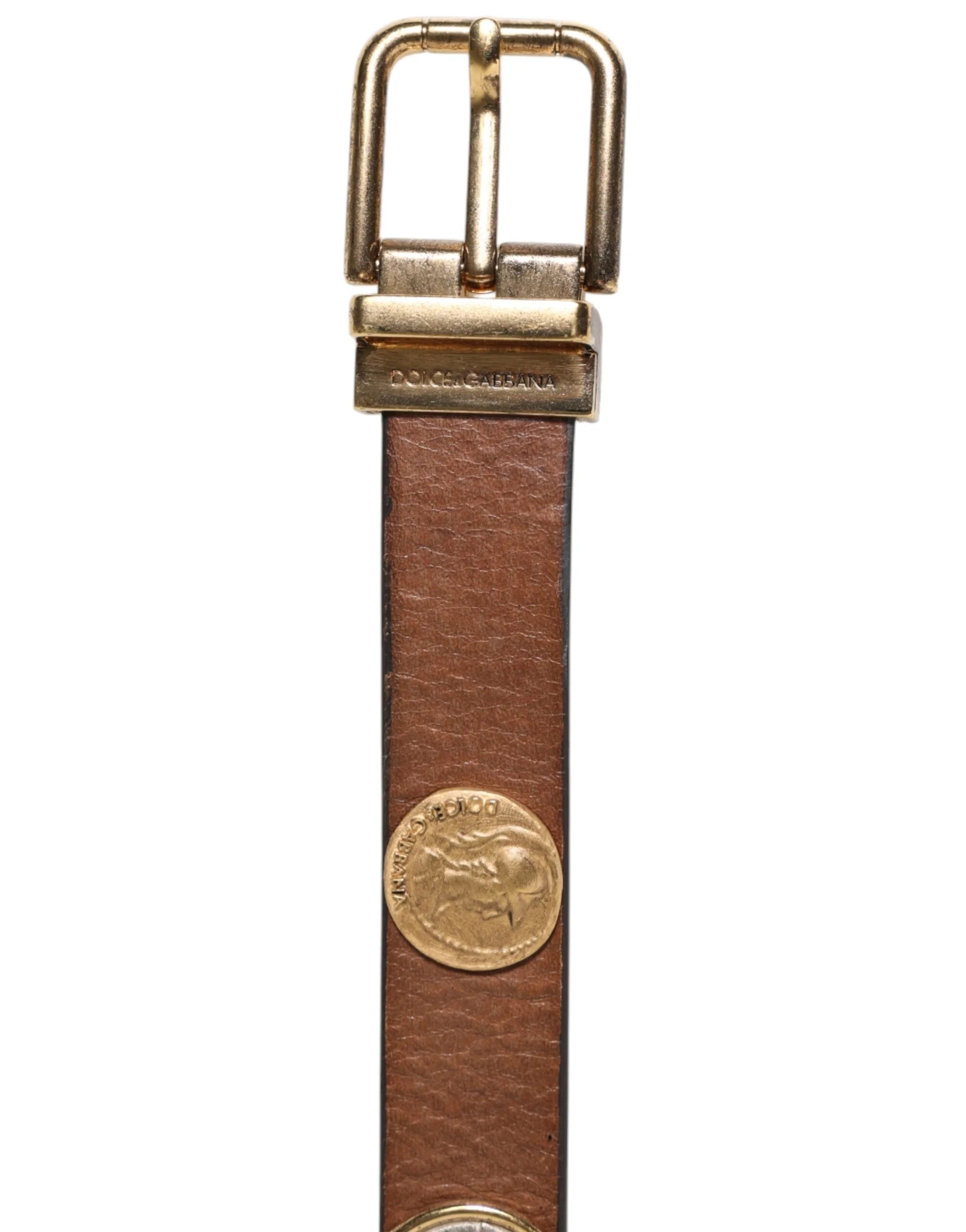 Dolce & Gabbana Brown Leather Gold Silver Coin Buckle Belt - 90 cm / 36 Inches