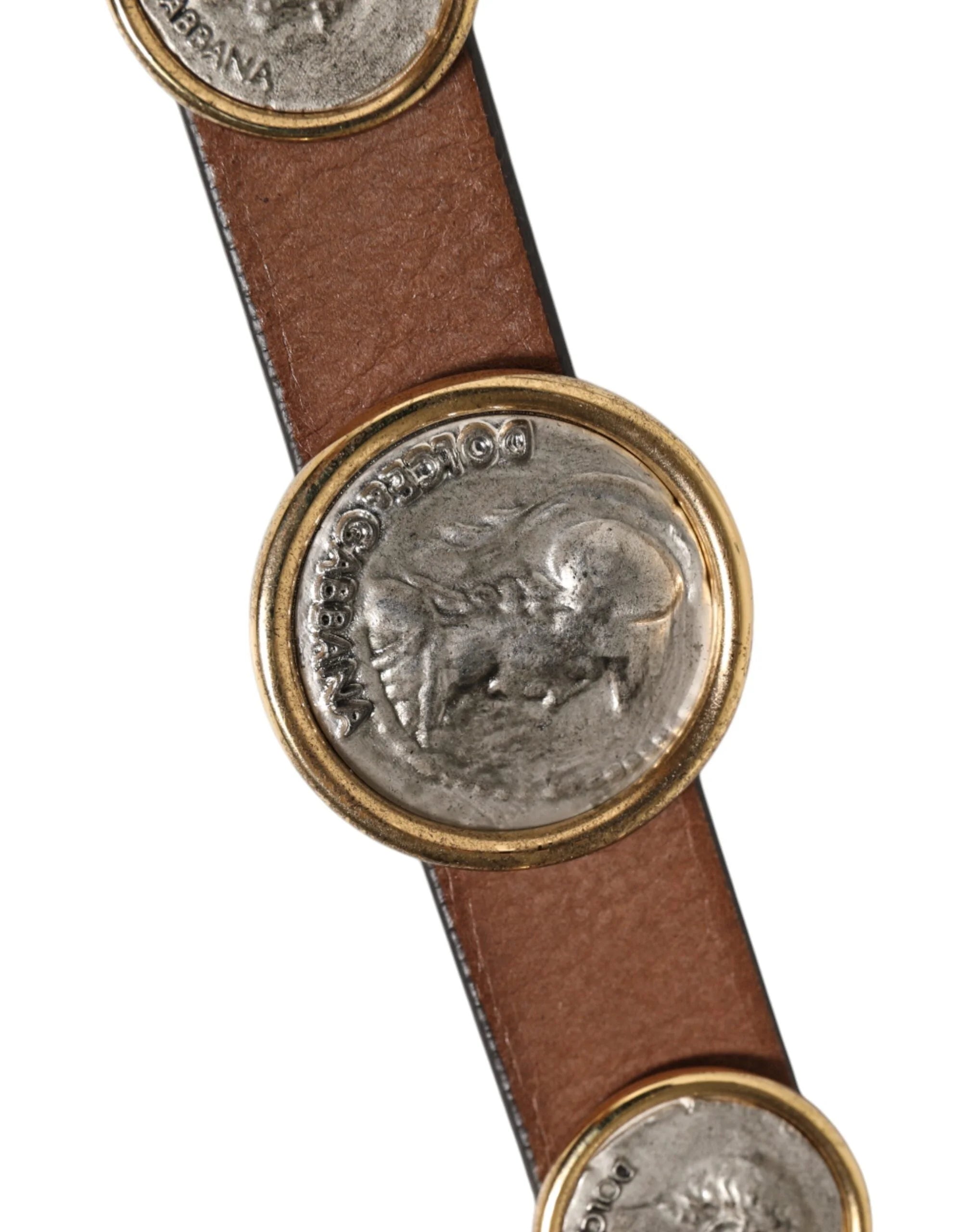 Dolce & Gabbana Brown Leather Gold Silver Coin Buckle Belt - 90 cm / 36 Inches