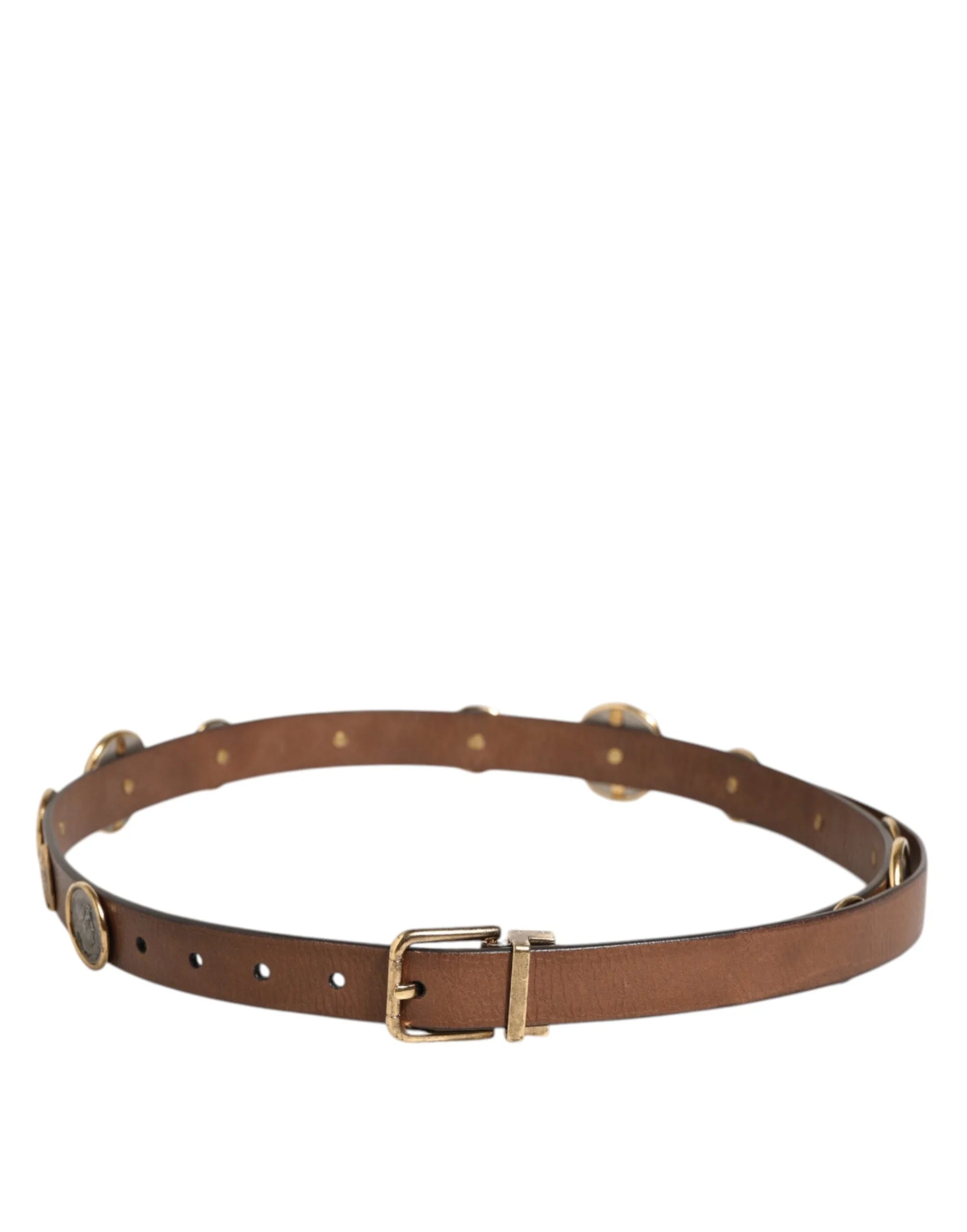Dolce & Gabbana Brown Leather Gold Silver Coin Buckle Belt - 90 cm / 36 Inches