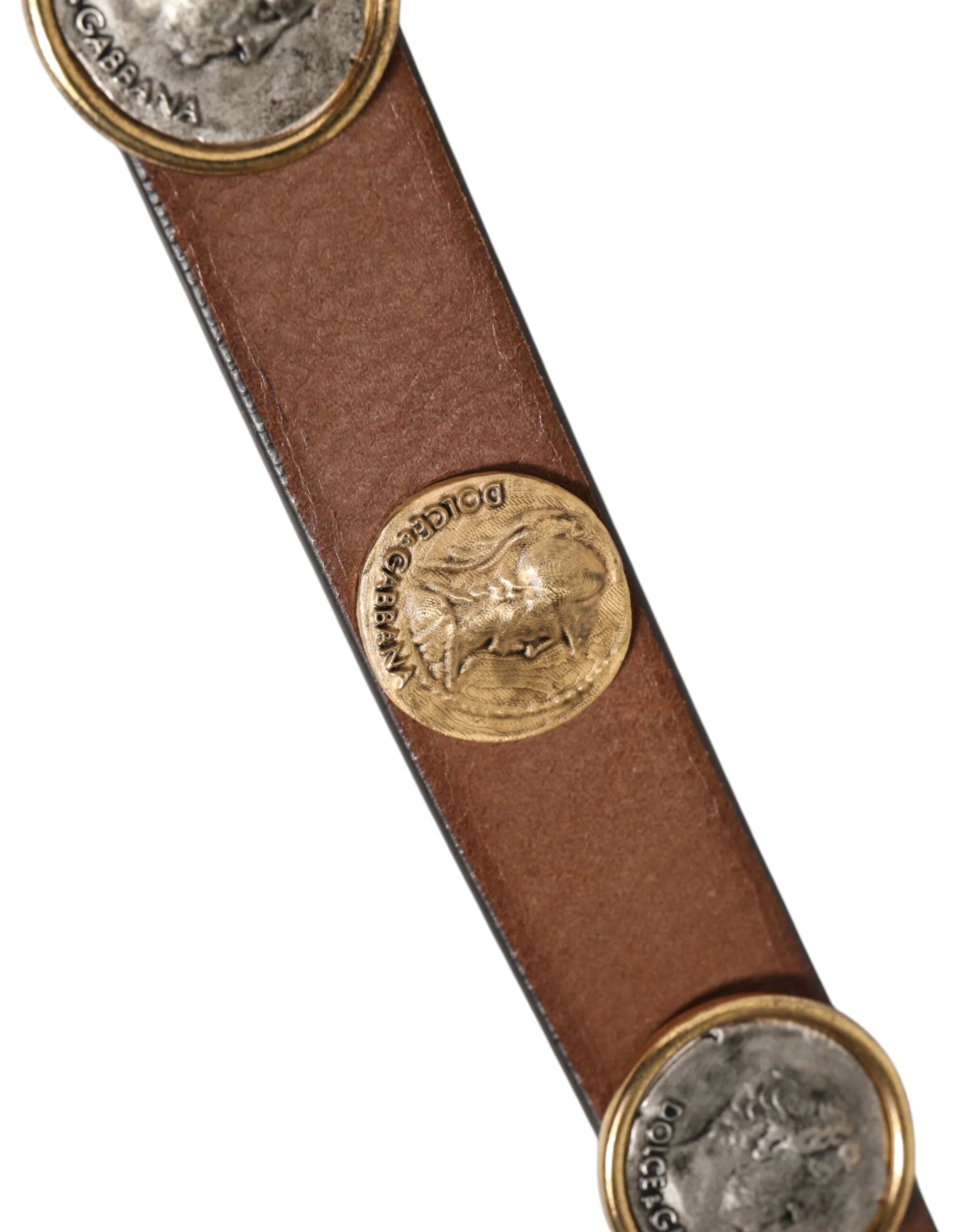Dolce & Gabbana Brown Leather Gold Silver Coin Buckle Belt - 90 cm / 36 Inches