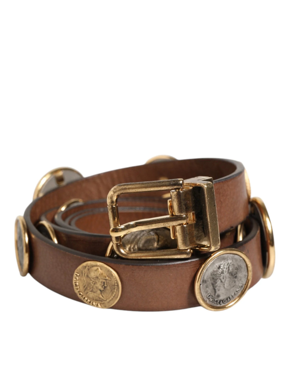Dolce & Gabbana Brown Leather Gold Silver Coin Buckle Belt - 90 cm / 36 Inches