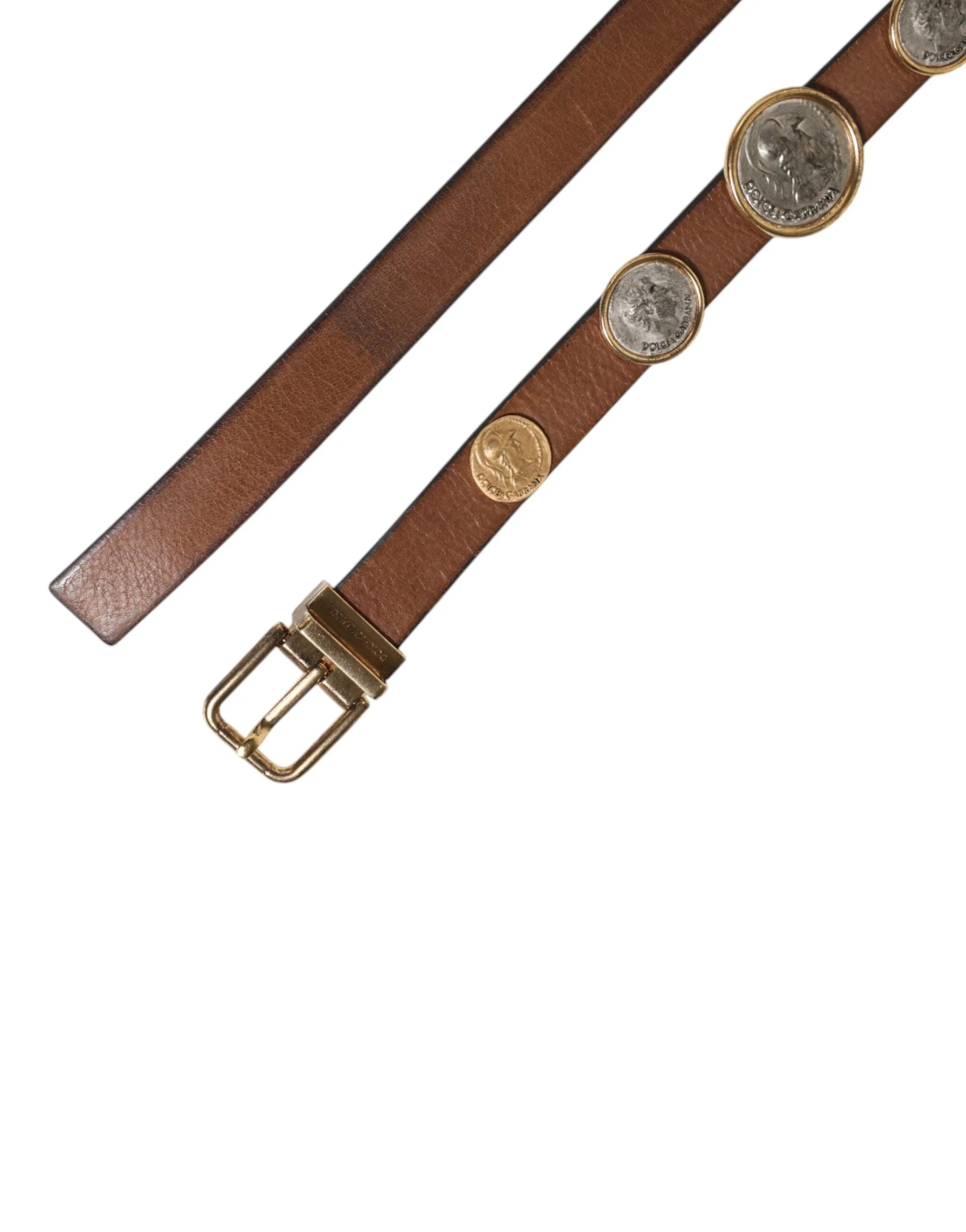Dolce & Gabbana Brown Leather Gold Silver Coin Buckle Belt - 90 cm / 36 Inches